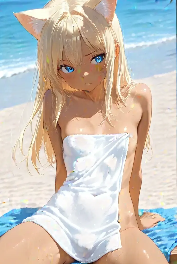 jizell style, claude monet, oil painting, masterpiece, best quality, 1girl, city pop, beach, blue sky, looking at another, topless, cowboy shot, vector illustration, nipples, light smile, blunt bangs, long hair, stomach, navel, bare shoulders, blonde, ponytail, blue eyes, happy