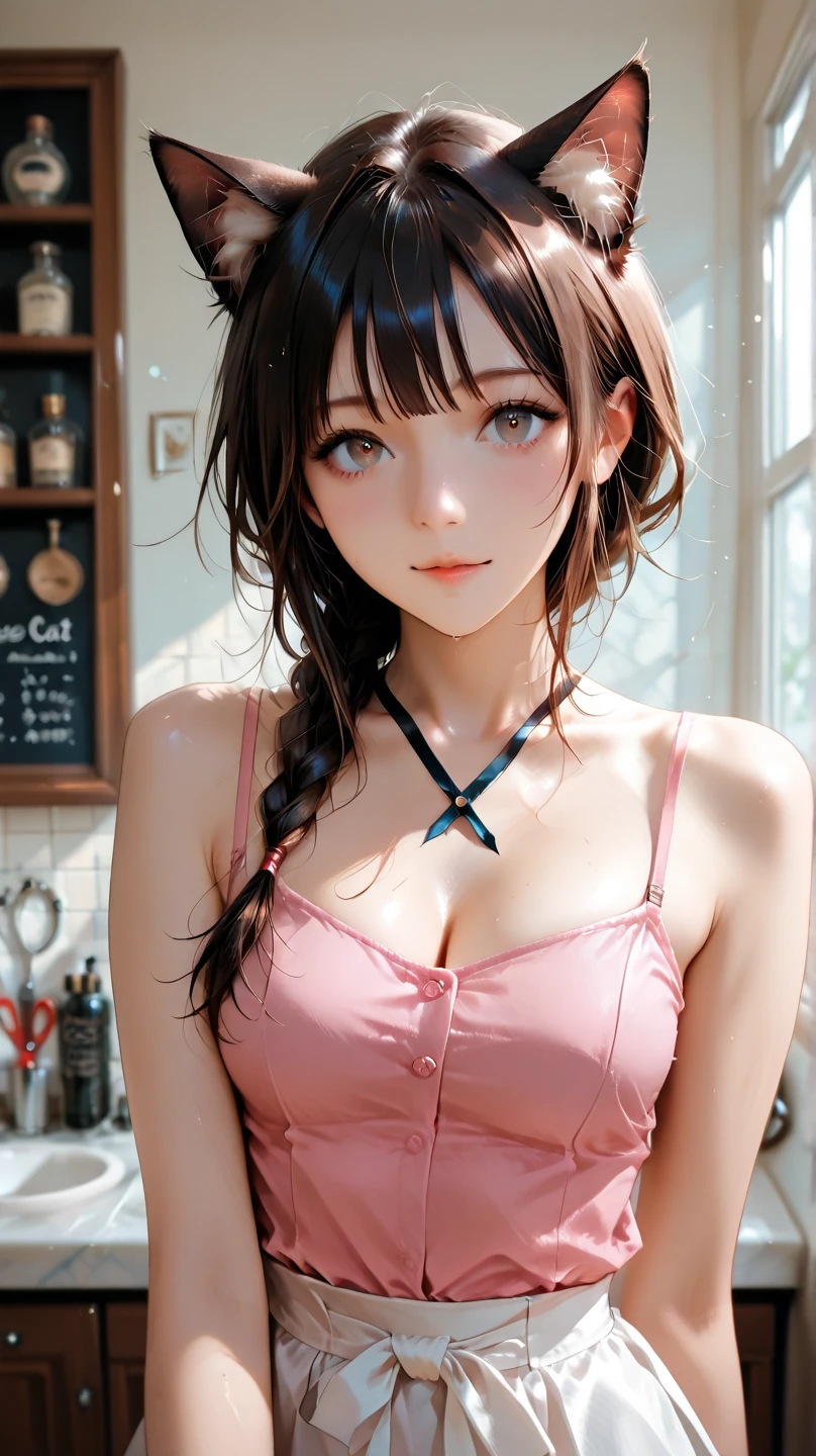 Teenage girls(​masterpiece:1.4)、(in 8K、realisti、RAW-Foto、top quality:1.4)、(real face:1.4)、(Real looking skin:1.3)、A high resolution、Eine hyperrealistie、Brown eyes with beautiful details、ginger wavy hair、wet white see through top、nice nipples、high level of detail、(with medium-sized breasts:1.5)、clopseup of the breast、Blush、A frustrated facial expression、neck ribbon、Stand、kitchen, very sexly