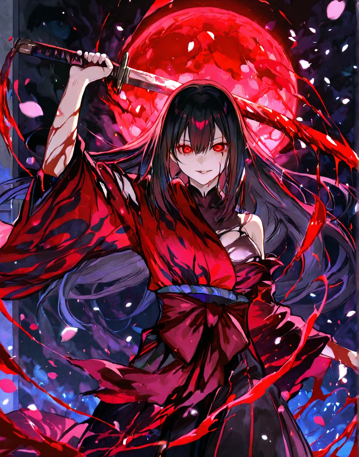 (masterpiece)、(Absurd)、(Super detailed)、Solo Female、Shiny black hair、Glowing purple eyes、Short high ponytail
、1 white ribbon:1.1、Small breasts:0.8、dark colored kimono、,Crazy Eyes、The dark side of despair、Swinging the Sword、Drops of blood、darkness,