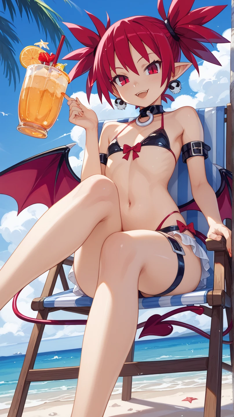 red_eyes, short_hair, bat_wings, wings,Remilia Scarlet Sexy Cute Thrilling Cleavage Swimsuit Sexy Wet Sea Beach Under Parasol Smiling Triangular Sitting Ice Bikini