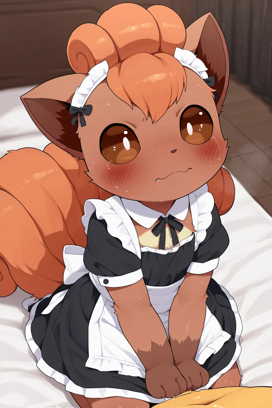 A male Wolf hybrid cat with Orange fur with blue colour eyes, wear maid clothes and he begging to stop with tail being hold tight and pull by hand, body trembling and Satisfied with small cock are have fuck threesome in public