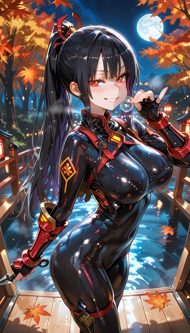(masterpiece:1.4),(best quality:1.4),  soft lighting, moonlight, beautiful face, beautiful eyes, cowboy shot,
Annerose, 1girl, solo, female mature, black hair, long hair, (yellow eyes:1.4), large breasts, jumpsuit leather, skin tight, hair intakes, covered breasts, sideboob, exquisite eyes detail, exquisite character design unity details 8k hdr, professional art, landscape, (solo:1.5, cowboy shot:1.5), night, stand in the middle of lake surrounding by waterfall, sexy body, milf, 35 years old girl, big thighs, sexy waist