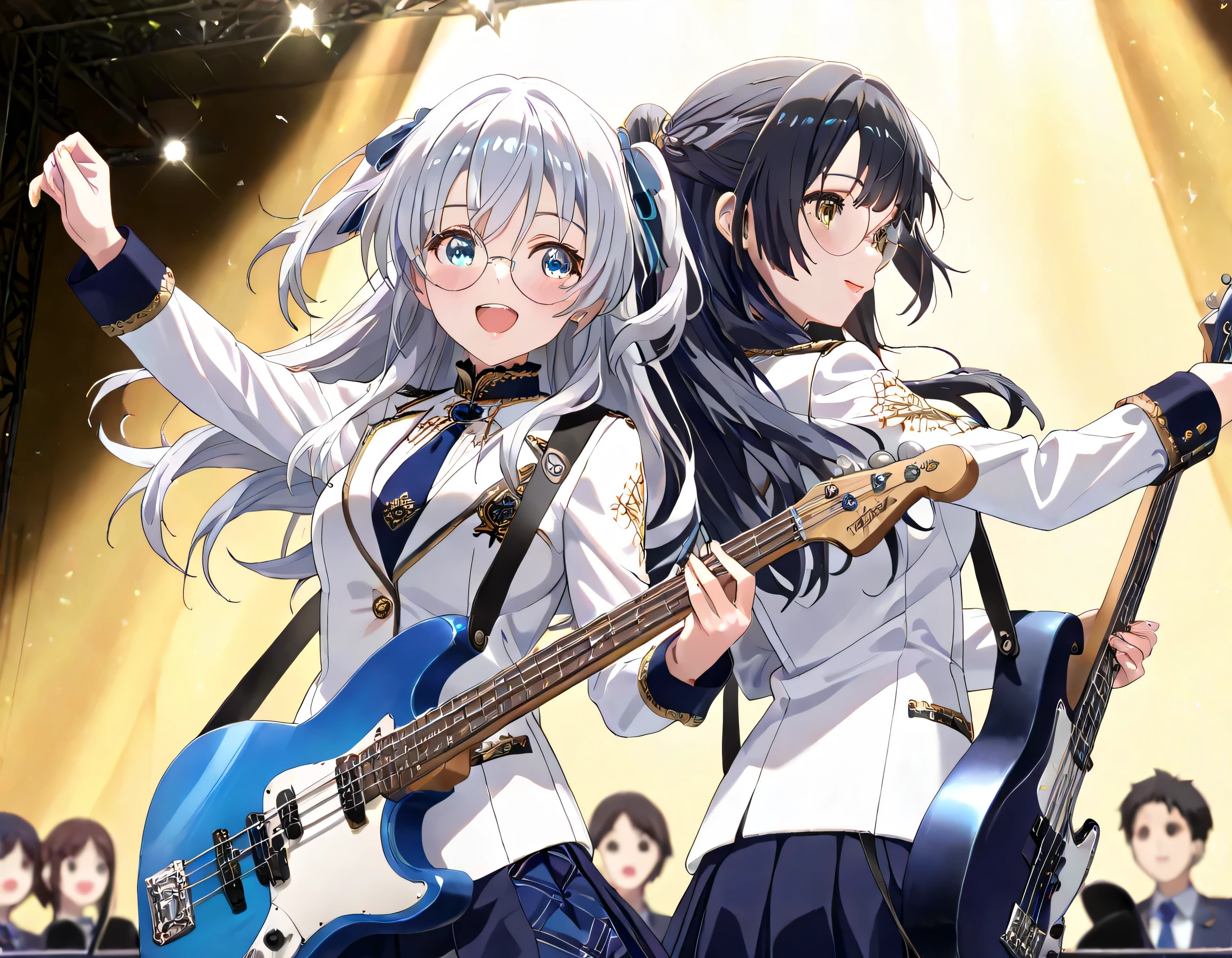 ((ultra-detailed)), (highly detailed CG illustration), (best quality:1.2), ultra-highly detailed, colorful composition, artistic photoshoot, 2girls, duo focus, Yuri:1.3, back-to-back:1.4, upper body:1.2, cowboy shot, moe anime character, on idol stage, playing_instrument, round face, rounded chin:1.2, short stature, white fitted jacket, metallic silver trim, dark navy blue accents, shoulders and sleeves detail, elaborate gold embellishments, ornate collar, ornate shoulder details, long sleeves, dark cuffs, blue criss-cross ribbons, tied into bows, upper arms, two ornate metallic medallions, hanging from waist, dark blue straps, blue necktie, standing collar, pleated skirt, layered navy panels, bright blue panels, subtle gradient, symmetrical silver and blue patterns on back, crest-like design, ceremonial outfit, high-tech aesthetic, smooth textures, glossy materials, high detail, thick eyebrows, brown eyes, sagging eyes, black hair:1.3, long hair, half updo, (wearing glasses:1.3), (round eyewear:1.3), half updo, electric_guitar, singing in the live venue:1.4, blue eyes:1.3, sagging eyes:1.3, silver hair:1.3, long hair, two side up, hair ribbon with black, ample breasts, smile1.3, blush, electric_bass, enthusiastic audience, shoot from below, dynamic pose, contrapposto pose, best quality, masterpiece, expecting, pink cheek, pink lips, portrait, depth of field, shining lighting, sidelighting, shine, caustics, ray tracing, perfect face, lustrous skin, highly detailed face, highly detailed eyes, perfect face, perfect nose, perfect hair, perfect eyes, perfect anatomy, beautiful hair, beautiful small face, extremely detailed face, beautiful detailed eyes, beautiful clavicle, beautiful body, beautiful breasts, leavage, beautiful thin thighs, beautiful legs, beautiful fingers, 4 fingers, 1 thumb, lovely, (very detailed background:1.0), (highly detailed background:1.0), intricate details, enthusiastic atmosphere, colorful and sparkling colors palette, chromatic aberration