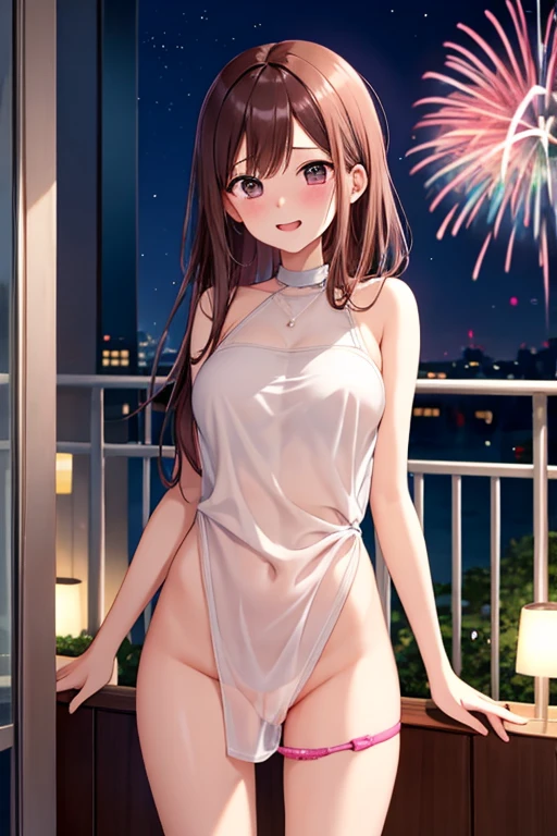 Woman, Brown HAir, Long Hair, Ponytail, (Brown Rabbit Ears), Blue Eyes, Very Large Breasts, ((Short Blue Translucent mini dress)), (((Translucid Dress))), High Heels, (at Scenic Overlook Watching Fireworks), at night
