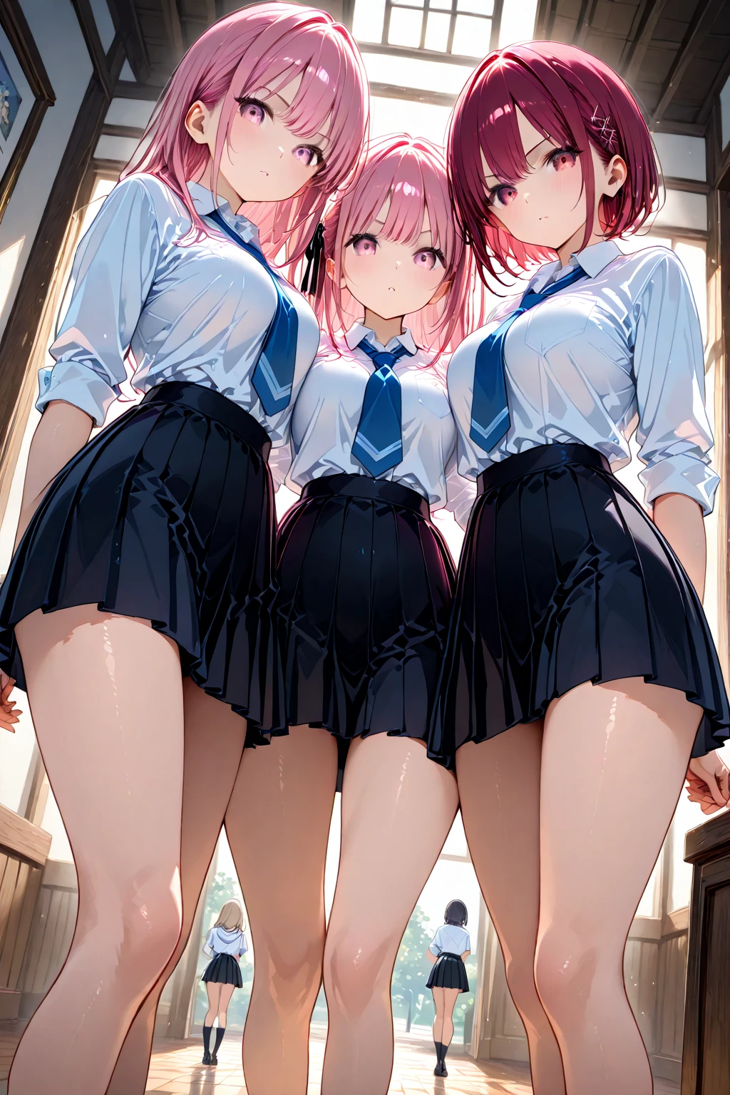 ((Highest quality)), ((masterpiece)), (High resolution), 8k, Best Shadow, The best natural light, Cinematic, (Back view of four adult women walking in the city:1.3), (Brown Hair, Stylish hairstyle)、Looking back, bashful, (Navy blue sailor collar、Fashionable white shirt, Sailor suit, Navy Pleated Skirt, Navy blue socks:1.3), Angle from the rear, (peaceful cityscape, Cityscape, Akihabara-like streetscape, Sidewalk, Lots of people in the background々:1.3), (The wind is blowing up from the ground, flipping up her skirt and revealing her panties:1.4), (Sexy and cute white satin panties, Sexy and cute light blue satin panties, Sexy and cute pink satin panties:1.4), Slender body,Beautiful thighs, Embarrassed look, Perfect lighting, Perfect Shadow, (Exact finger count、Exact number of legs、(Exact number of arms, Exact number of hands, Perfect hands, Perfect Anatomy), Chizuru, mami, Hand, sumi