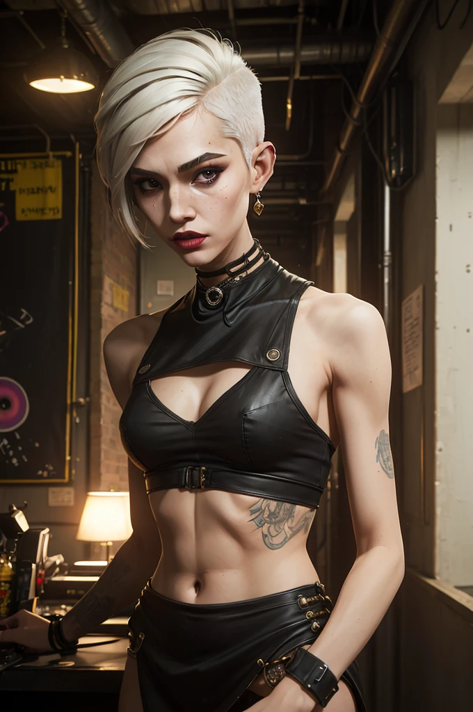 Best Quality, Ultra-High Definition, 8K Resolution, 32K Resolution, Masterpiece, High Detail, Ultra-Detailed, Photorealistic, Fujifilm X-T4, 1/125s, f4, ISO 800, Hyper-Realistic, Extremely Detailed, High Fidelity, Crisp Details, Sharp Focus, Realistic Textures, Intricate Details, Highly Detailed Eyes, Realistic Skin Texture, Beautiful photograph, intricate details, seductive cyberpunk, woman, tattoos:1.4, fashion, weapon, skinny, frail, leather vest, boots, science fiction, vivid, sharp, short blonde hair, side view shot, (highly detailed masterpiece Realistic extremely hyper aesthetic trending on artstation), Vibrant fantasy detailed epic heroic Ethereal Lighting, in a bar scene