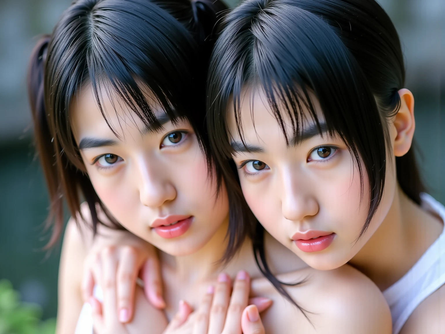 Three smiling girls, Blowing in the wind for a long time [Blue-black:.3] hair,View your viewers, (masterpiece:1.3), (8k, Realistic, RAW Photos, Highest quality: 1.4), Japanese, (One Girl), Beautiful Face, (Realistic Face), (black hair, short hair:1.3), beautiful hairstyle, Realistic eyes, Beautiful details, (Realistic Skin), Beautiful Skin, charm, Ultra-high resolution, Ultra-realistic, Very detailed, student, Nipples、naked、thigh、Selfie