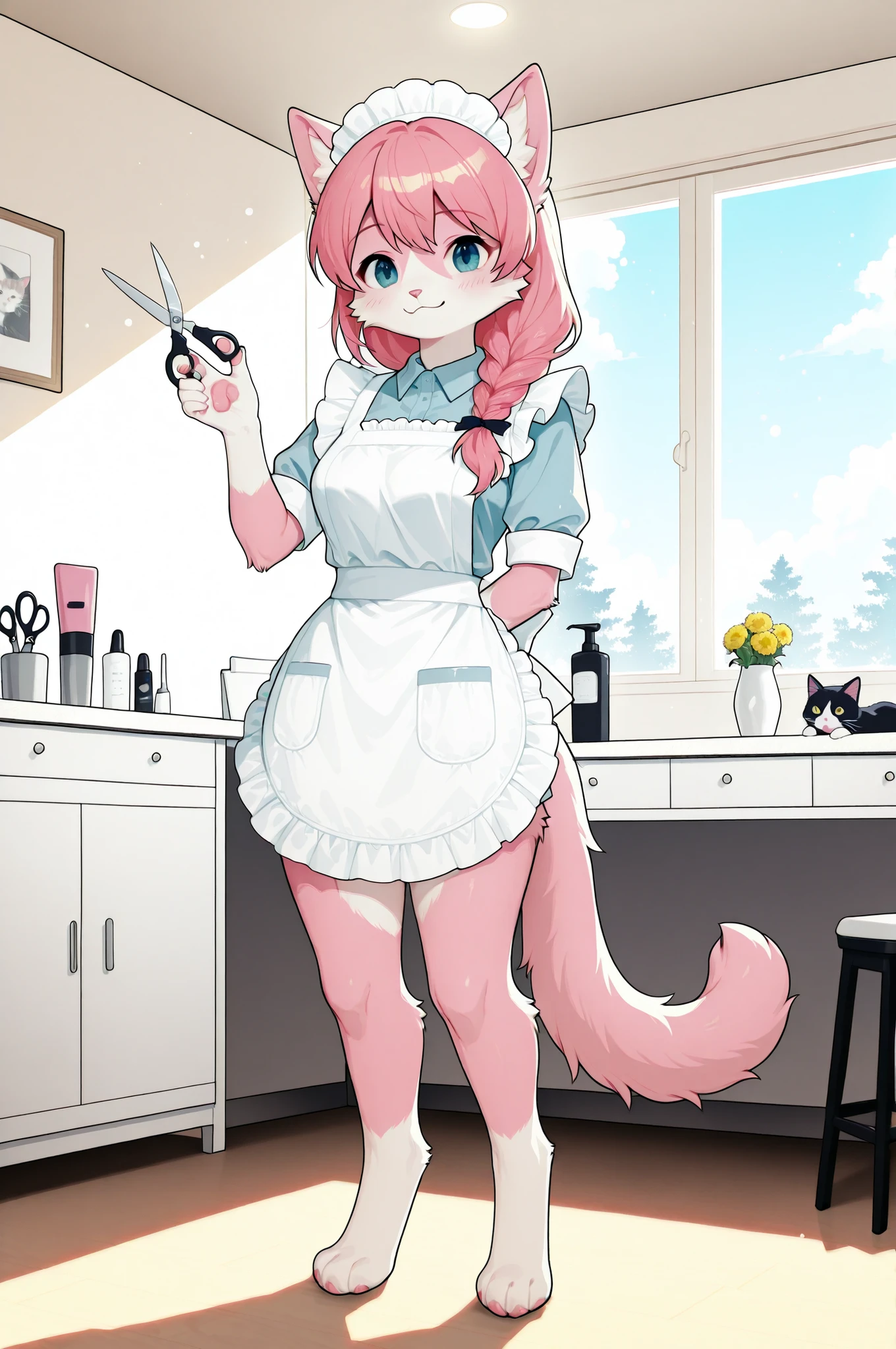 Furry Beast Man, Cat hairdresser,Grooming Salon with Shining Cage,cute appearance of a cat,round face and gentle expression,soft fur and pink paws,Scissors, Hairdresser's uniform, natural and gentle atmosphere,gracefully standing,careful handling by a professional hairdresser,4K Hi-Res,Physically Based Rendering,ultra-fine texture,Professional,Vivid colors,bokeh