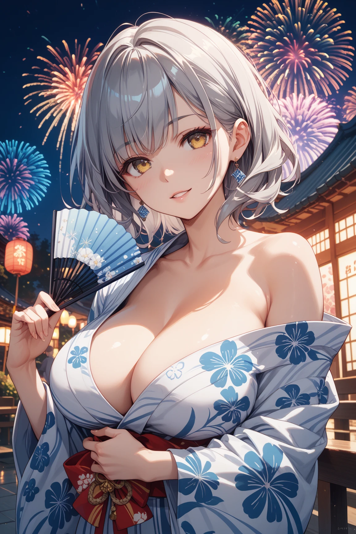 ((one personの女性)), Beautiful Face,Laughing embarrassedly,Laughing with your mouth open,((Bright red cheeks)),Glossy pink lips,night,Bay Area Festivals,firework,((Anime style background)),masterpiece, highest quality, so beautiful, Latest, Complex details, (Pink long nails),AI-generated, Complex,High resolution, highest quality, super high quality,3D Images、View your viewers、3D Images,one person,Long white hair,High Ponytail,blue eyes,Anime woman posing for a photo, ((Fine grain、Light blue colorful eyes、Shining Eyes:1.0)),(Squint your eyes:1.1),a hyperRealistic , hyperRealistic , Realistic,Anime woman with long and white hair, Smooth anime CG art, A woman in a colorful kimono with gold embroidery, (Black kimono),Red floral pattern,Long flower hair ornament,Big earrings,,Mature Body,(Big Breasts:1.2)Tall,Big Ass,Fine details,Narrow waist,(Face close-up:1.3),Bevel the background,Tilt your face,sit,Exposed nipples,Exposed vagina