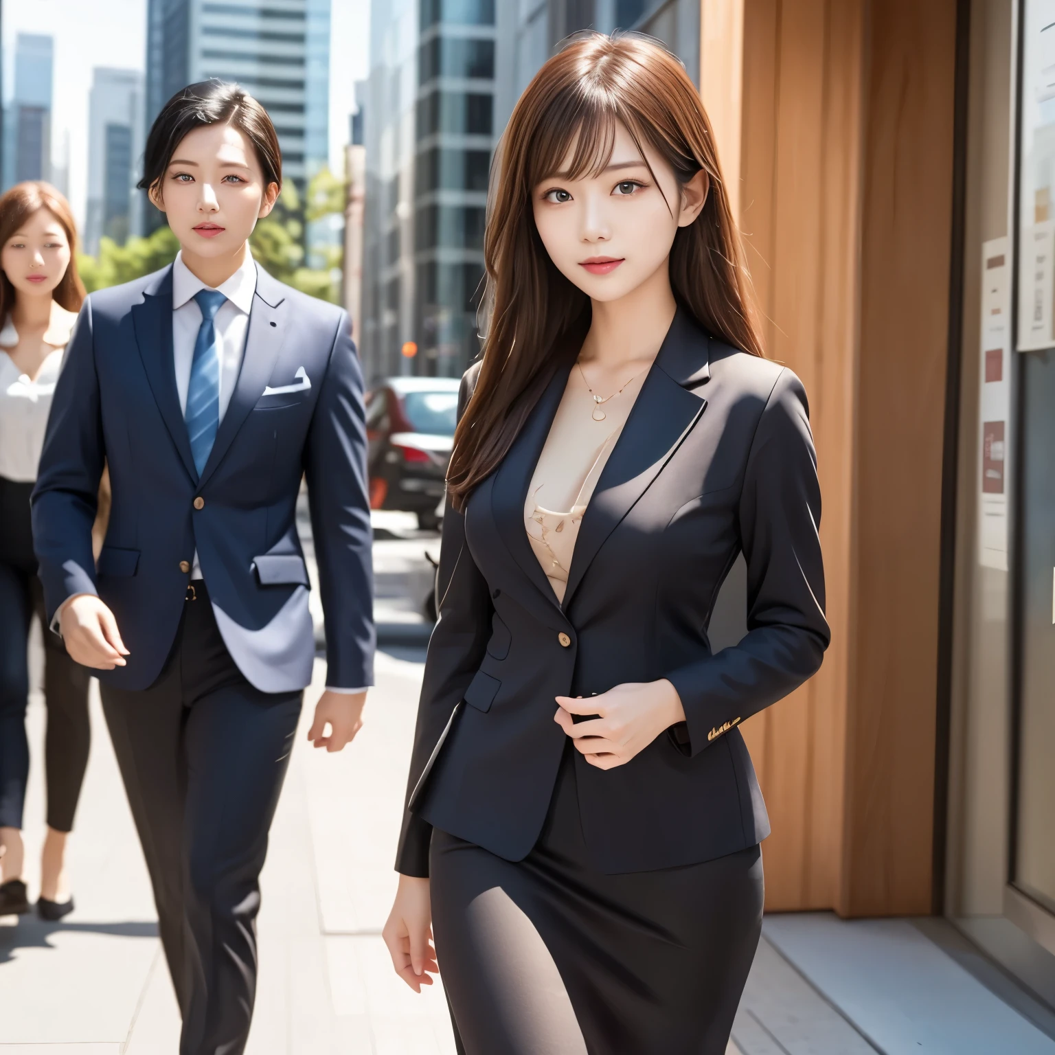 A vibrant summer afternoon in a modern city business district, with tall skyscrapers surrounding the scene and many businesspeople walking along the sidewalks. Elegant green street trees line the pavement, adding contrast to the sleek glass buildings. In the foreground, framed from the knees up, is a beautiful Japanese businesswoman in her twenties. She has long, flowing black hair and a refined, determined expression. Her features are striking and elegant, giving off a strong, confident aura. She has a well-proportioned, model-like figure with a fuller chest and graceful posture. She is dressed in a fitted, stylish skirt suit appropriate for business, conveying the mature and composed presence of a professional woman. She carries a business bag and appears to be heading to an important meeting. The lighting is bright and natural, typical of a clear summer day. Photorealistic style, realistic textures, soft shadows, cinematic urban composition.