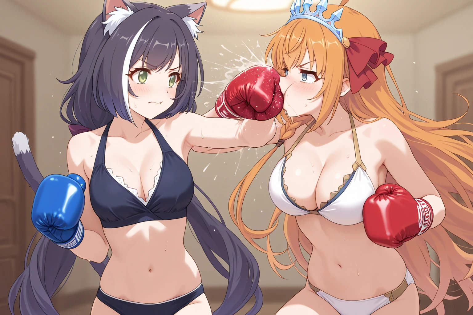 Raphtalia. two women, bear ears, red eyes, big breasts, expression of fury open mouth, frown, red and black bikini, big breasts, abrasadas pecho contra pecho,, mud wrestling, dirty bodies with mud, erotic,posicion sexual, sex lesbian. cuerpos perfectos.