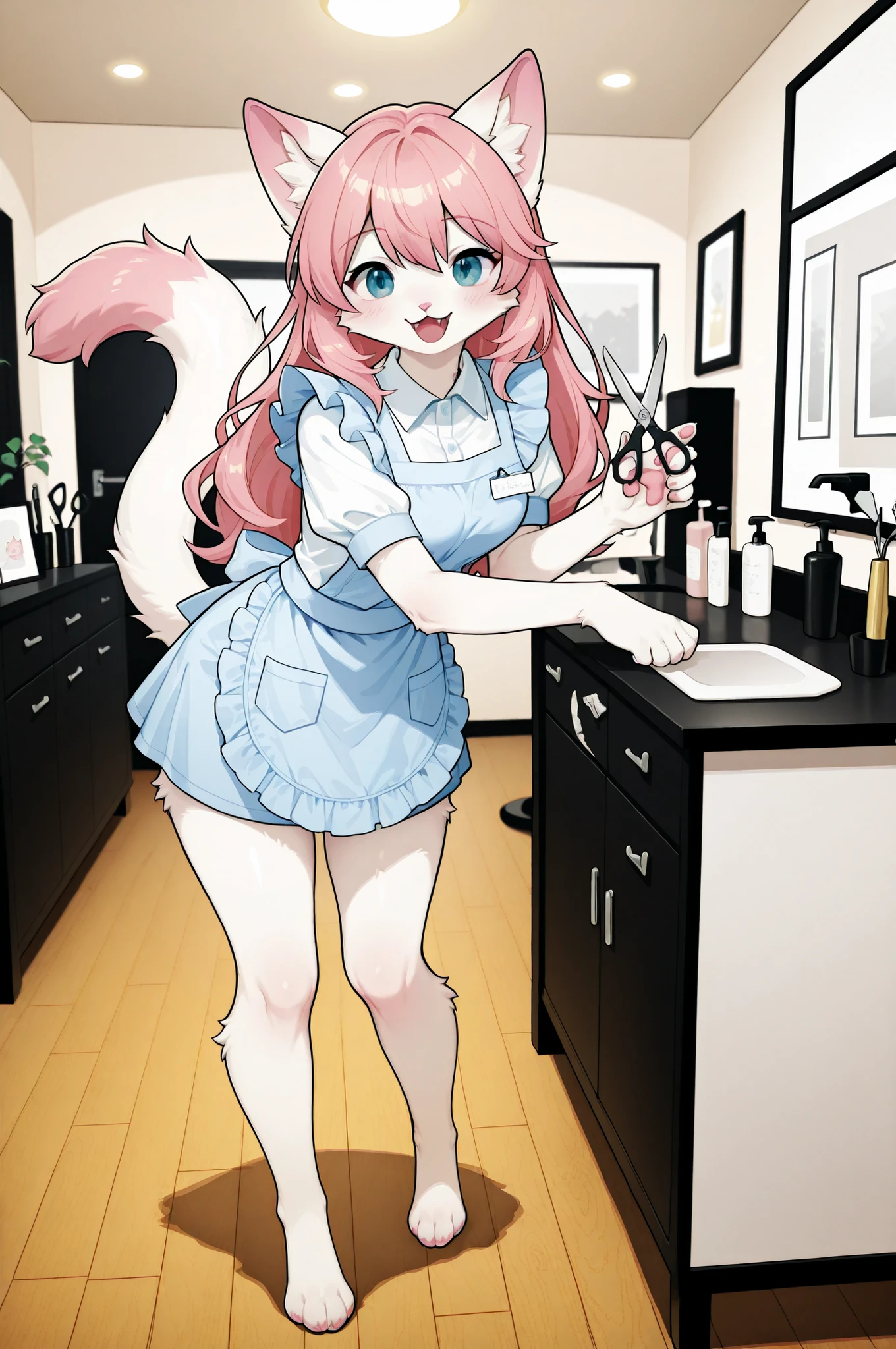 Furry Beast Man, Cat hairdresser,Grooming Salon with Shining Cage,cute appearance of a cat,round face and gentle expression,soft fur and pink paws,Scissors, Hairdresser's uniform, natural and gentle atmosphere,gracefully standing,careful handling by a professional hairdresser,4K Hi-Res,Physically Based Rendering,ultra-fine texture,Professional,Vivid colors,bokeh