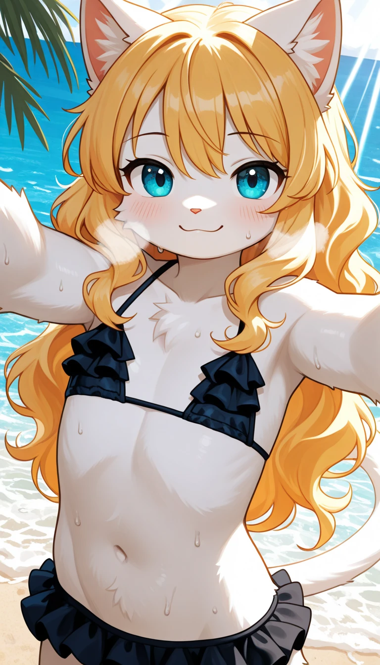 (8K, Best Quality, Ultra Detailliert, Highres, Absurdres, Perfect Anatomy:1.5, Masterpiece:1.5), ((1Girl)), (((perrine h. clostermann))), (((Yellow Eyes))), (((Black Glasses:1.2))), (((Long Hair:1.3, Bangs, Blust Bangs, Blonde Hair))), (((Black Cat Ears, Black Cat Tail))), (Slender Body, Dwarf:0.7), (((Small Breasts:1.2))), ((Big Hips:1.1)), (Smile:0.8), (Blush:0.8), (((Navy Blue Bikini))), ((Sandals)), (Heart,
