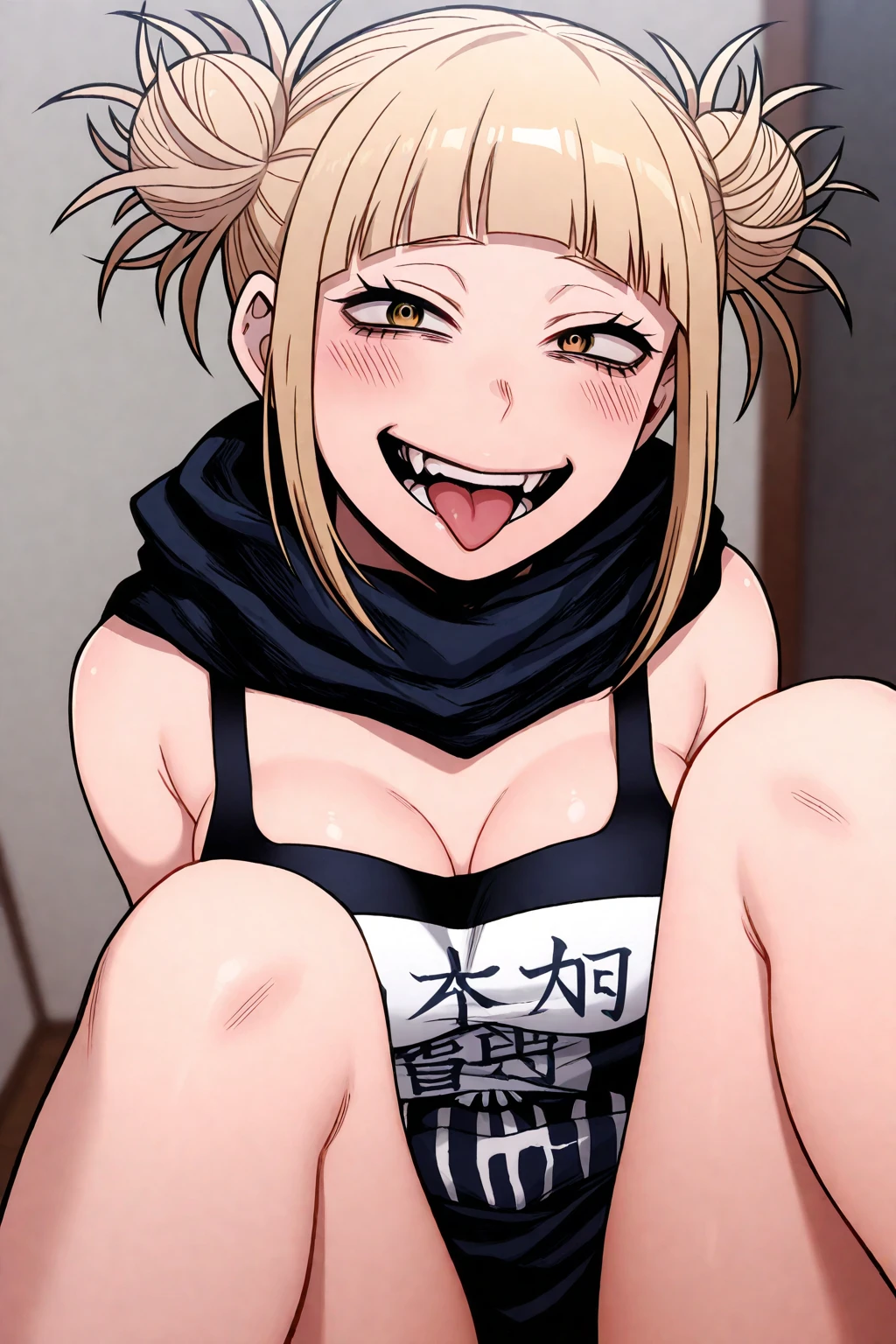 My hero Academia style, Himiko Toga from My Hero Academia, smile, squinted eyes, blushing, large waist, large breasts, long tongue, licking a popsicle, unbuttoned shirt