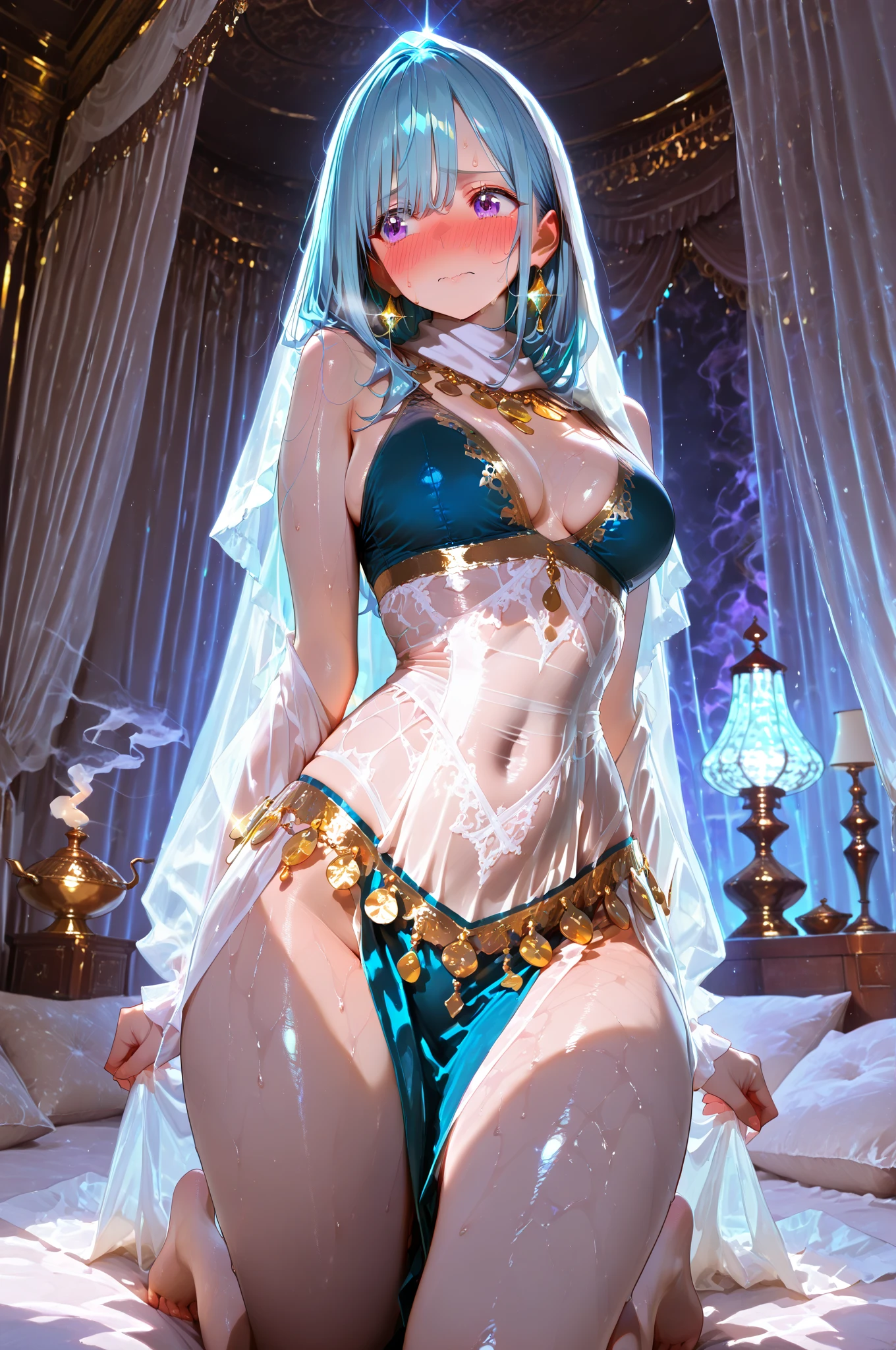 (best quality, masterpiece),portrait, girl, 1girl,solo, looking at viewer, (wide hips:1.4), reflections (transparent), long hair, blue hair, shiny hair, freckles, braid, twin braids, tattoo, asymmetrical bangs, arm tattoo, shoulder tattoo, lipstick, mascara, pale skin, (looking at viewer:1.2),holographic clothing ,<lora:holov7:1>, transparent clothes, white clothes, moody lighting, glow, glowing, mysterious, mystical, magical, rim lighting, gorgeous, vibrant, psychedelic, colorful, intricate, elegant, sharp focus, highly detailed,