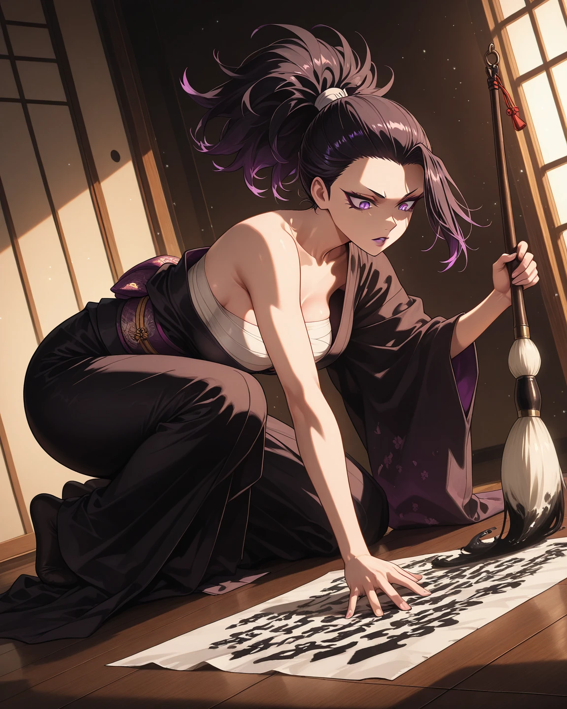 .hem of a long dress lift:1. A picture. There are one woman and three middle-aged men. A cute woman holds a 1.5 meter magic wand made out of wood in both hands. She has a round face. Her height is 170cm and BMI is 25. Her hair is purple. Her hair is long with straight bangs. She has normal . She is sitting in a wood chair in the woods. She is wearing a white long summer dress.(masterpiece, best quality),  She has a round face. Her height is 161cm Her hair is purple. Her hair is long with straight bangs. She has normal . She is standing. She wears long black coat over a long white plain dress.