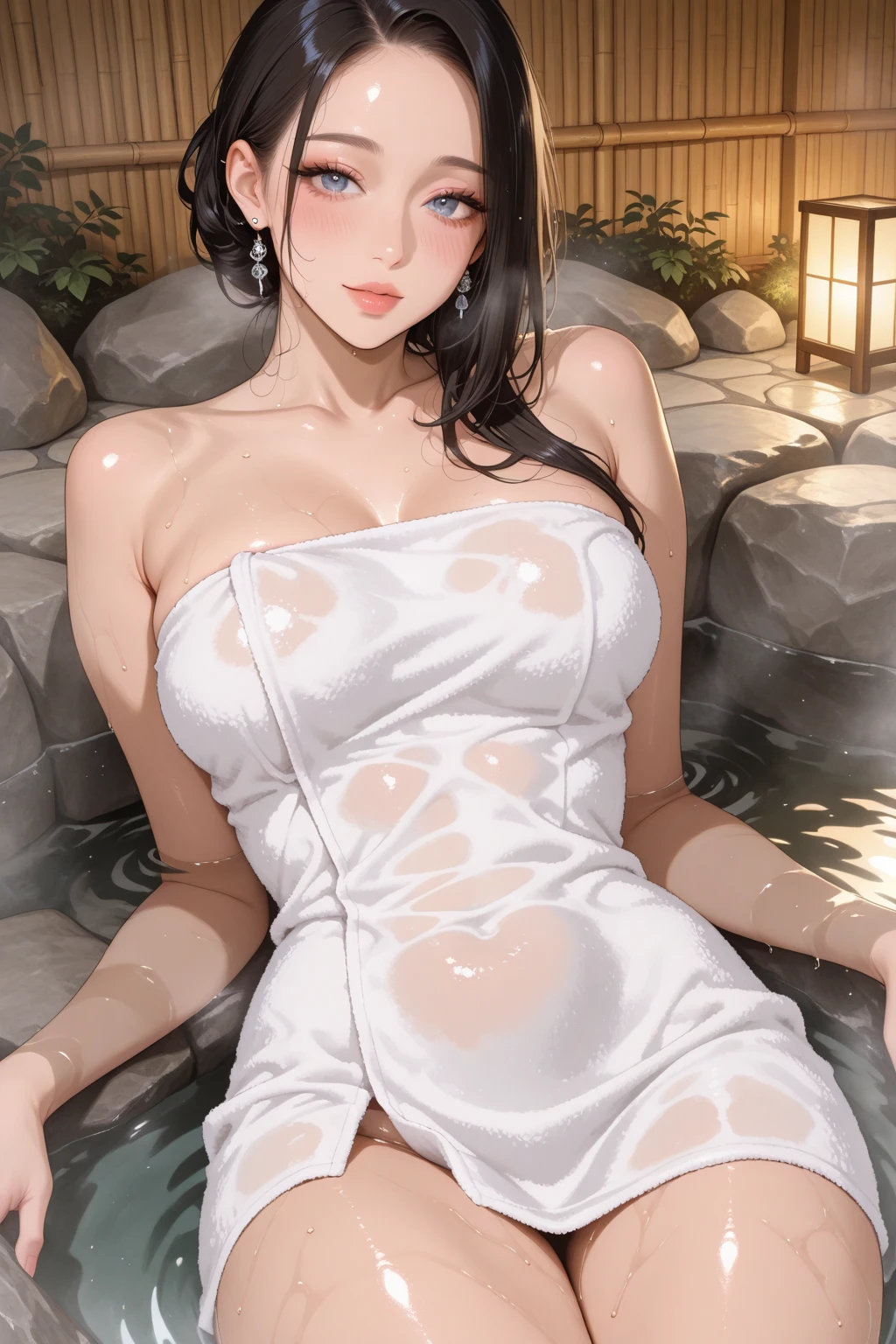 (((ultra high definition))), masterpiece, best quality, 8K, Accurate description, Carefully painted, Meticulous details, ((Evening at Japanese hot spring shop, Hot spring poolside, steam, water droplets)), a girl, White skin, perfect face, (light brown, blowing in the wind, Extra long curly hair), ((cute look)), Detailed depiction of facial features, blue shining eyes, long eyelashes, double eyelids, Exquisite makeup, pink moist shiny lips, Shiny earrings, smile shyly, blush, ((Mature and sexy figure)), Beautiful body, perfect body structure, side boob, Slightly saggy mid-chest, ((Nude bath towel)), seductive cleavage, Sweat, (rest action), (Perfectly detailed hand-drawn renderings), (Slender smooth legs), perfect feet, movie lighting, Soft high contrast side lighting, transparency, Cinematic feel, perfect composition, ((full body image)), Rich environmental details, Prominent theme, Overall exposure -1