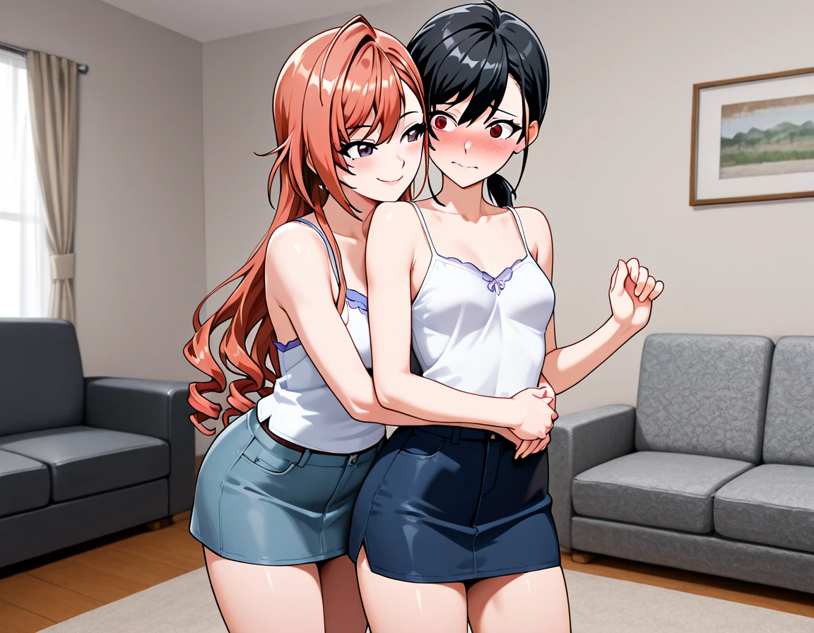 a sexy conjoined thick and muscular two headed futa mother and her younger preppy cheerleader daughter second head sitting on a couch next to her daughter head’s best girlfriend. The mother’s side of her two headed muscular futa body is masturbating her thick third leg of a cock. Her embarrassed younger second head is trying to watch the movie as she cums on her best friend.