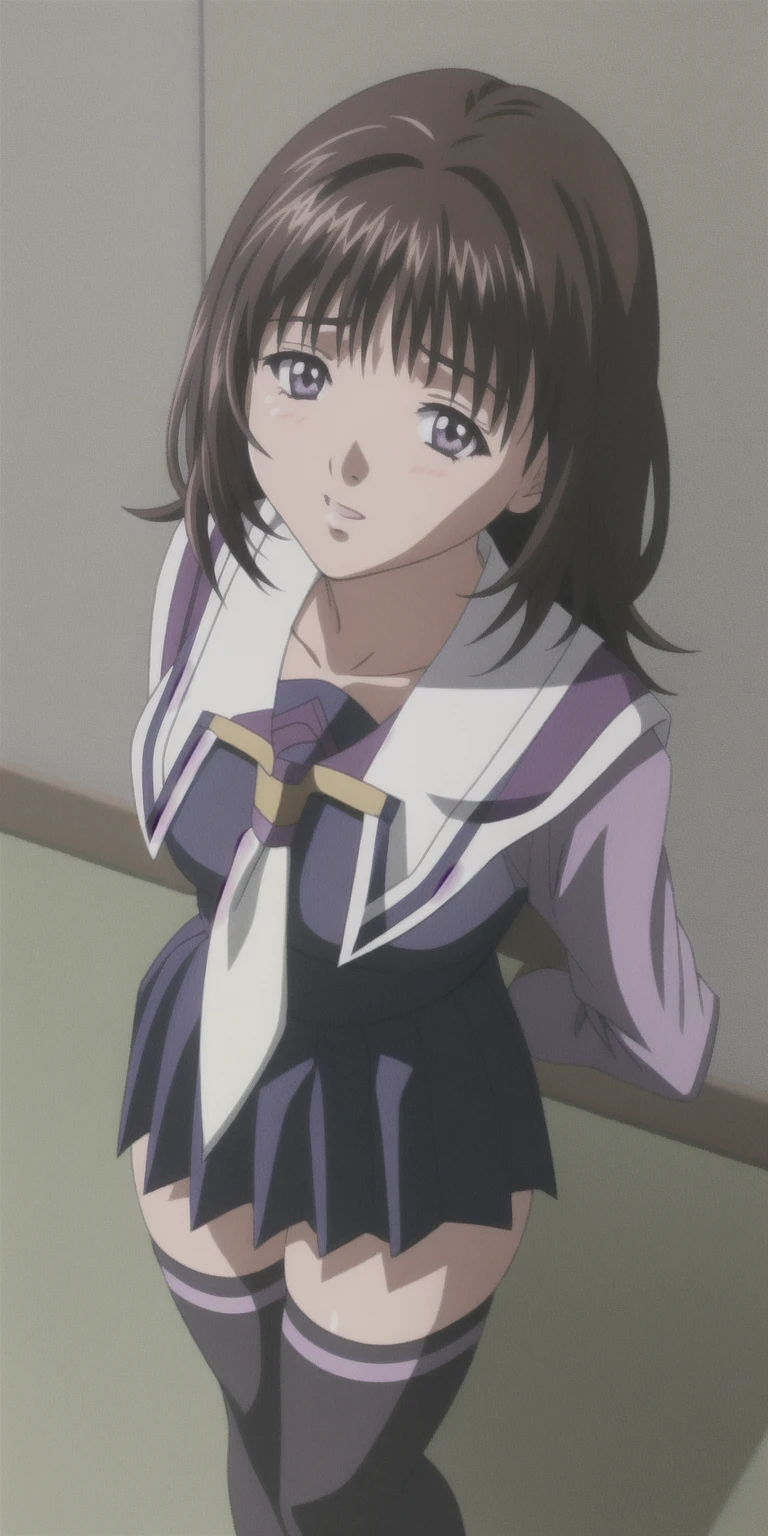 Yoshizuki_Iori, Huge_chest, Are standing, alone, School_uniform_purple_shirt_green_skirt_white_neckerchief_black_Knee socks, masterpiece, Highest quality, Detailed face, Fine grain, High resolution, mini skirt, squatting, white panties, pov