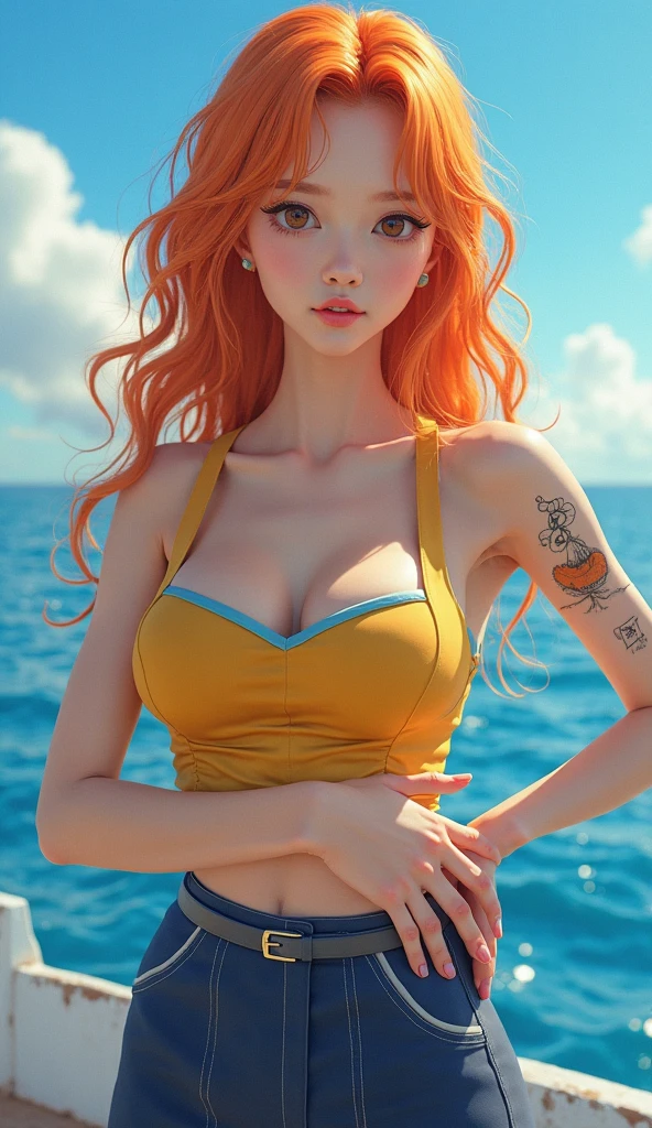 (((masterpiece+best quality+high resolution+ultra-detailed))), 1girl with clima-tact, Nami, long silky orange hair, high nose, sharp eyes, noble and inviolable temperament, (([female]: 1.2 + [beauty]: 1.2 + orange long hair: 1.2)), pirate ship background, blue sky, clouds, log pose, gold bracelets, revealing green and white bikini halter top, tight low-rider jeans, shoulder tattoo, bright eyes, dynamic angle and posture.