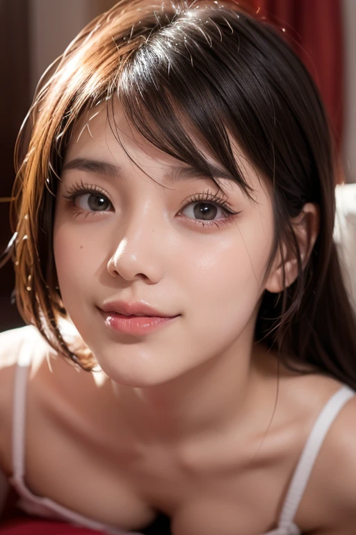(超High resolution, masterpiece, Anatomically correct,Perfect hands, Textured skin, Super Detail, Highest quality, High resolution, 8k, bloom, Front light), (Cute and sexy 18 year old girl, Sexy Face, Distant eyes, Gentle eyelids, Thin eyebrows, Gentle corner of the eye, Beautiful aquiline nose:1.4, It will totally charm you, Eyes that feel erotic, A taste of beautiful eroticism, Too cute beauty), (Brown Hair, Long Hair, Hair dancing in the wind, bangs), (Gal Makeup, eyeliner, Lip gloss), (Mid-chest, Slim proportions), (Looking into the camera, Photographed from the front:1.3, close), (Tank top,hot pants), (bed,Random Sexy Poses,Full Body Shot,Lie down), (smile:1.2)