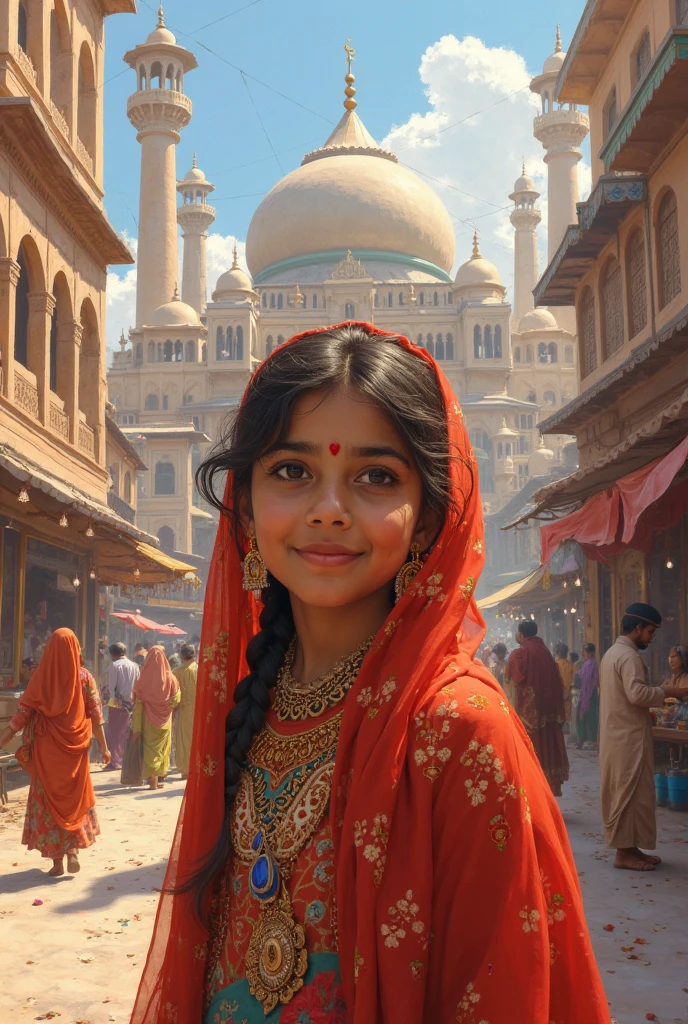 "Generate a hyper-realistic image of a 10-year-old girl with authentic iraq features, set against a realistic influential city landmark background, showcasing the best quality and intricate details."