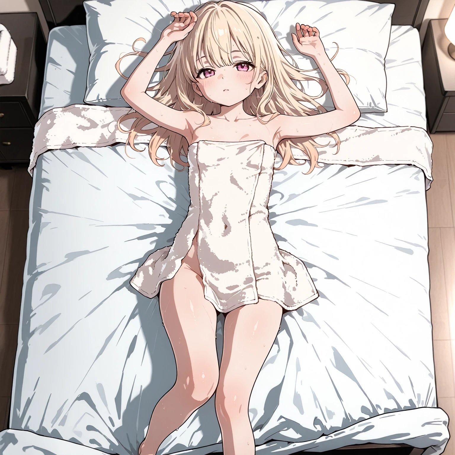 full nude wearing towel Beautiful collarbone Sexy legs small body Little girl, in bed, from above,