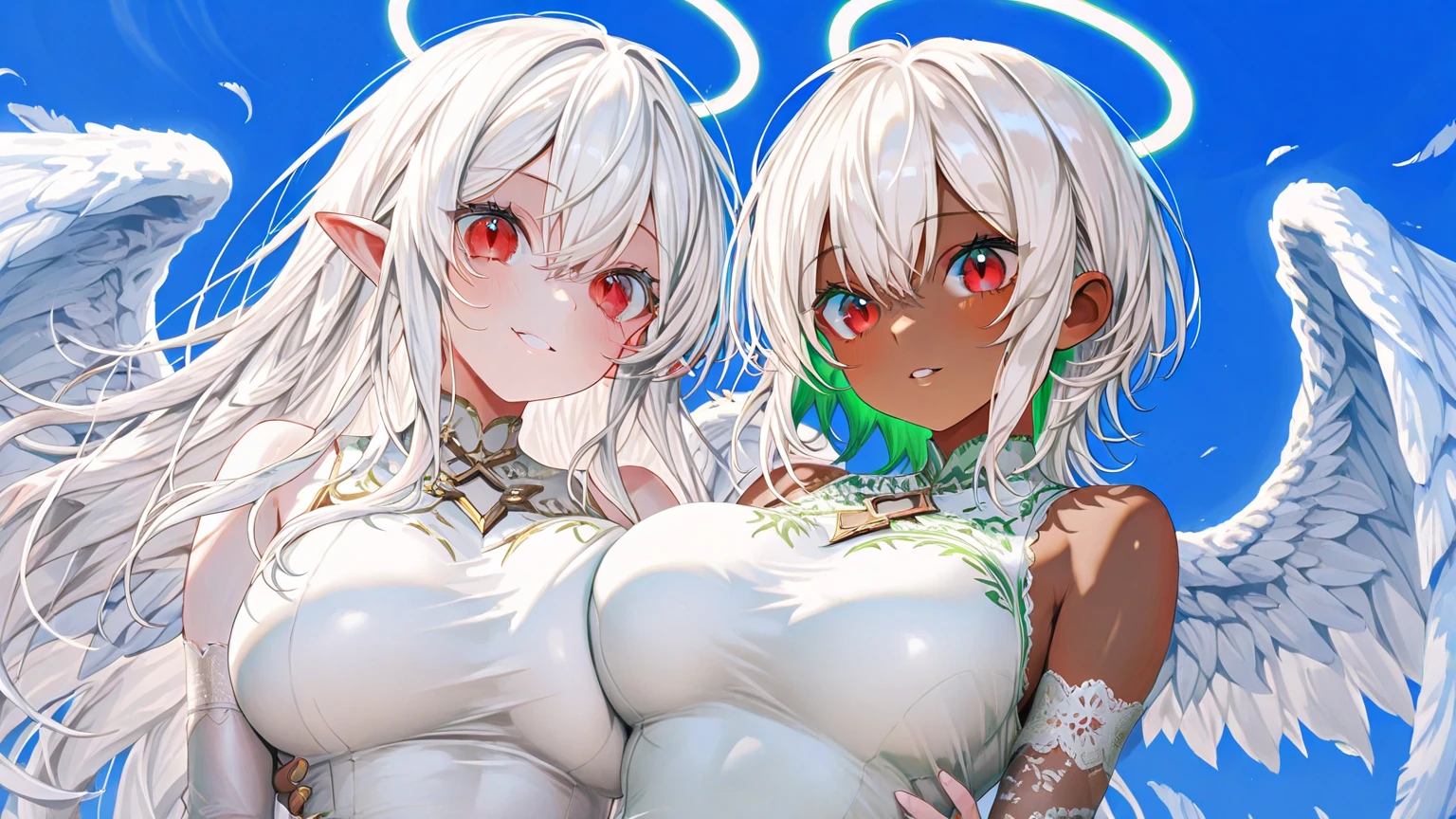 1girl,2girls, angel, bare_shoulders,white feathered wings,choker, black_dress, bondage, bound_wrists, breasts, collarbone, light_particles, long_hair, looking_at_viewer, low_wings, navel, on_stomach, pointy_ears, green eyes, , blonde hair, glowing_eyes, skirt, small_breasts, solo, spread_wings, string_bikini, thighhighs, twintails, very_long_hair, white_background,white wings <lora:angel&demon_v5:0.7>