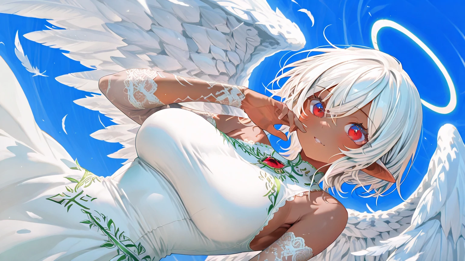angel girl,((blue hair)),beautiful face,angel with white wings, smiling, fit body, big wet breast,wearing blue angel dress, (open mouth:0.4),illustration,detailed textures,ultra-detailed(realistic),portrait style,vivid colors,soft lighting. blue hair angel girl , small girl, one girl, blue angel dress, face on camera, tight shirt, show large chest, dark isekai, shy girl, pitiful face, face forward to camera, bent pose, asking pose, pink cheeks, half body, body on big chain, smile, blue eyes, no nails, pink blushes, lying on grass, very big breast, cleavage, wet breast, leg_up, lot of iron chains, anime girl leans forward, looking at viewer, slave collar necklace seductive anime girl, 8k octae render photo, cushart krenz key art feminine, 8k high quality detailed art, a sexy maid in a magical forest, anime girl with big breast laying on a bed in a room, anime goddess,