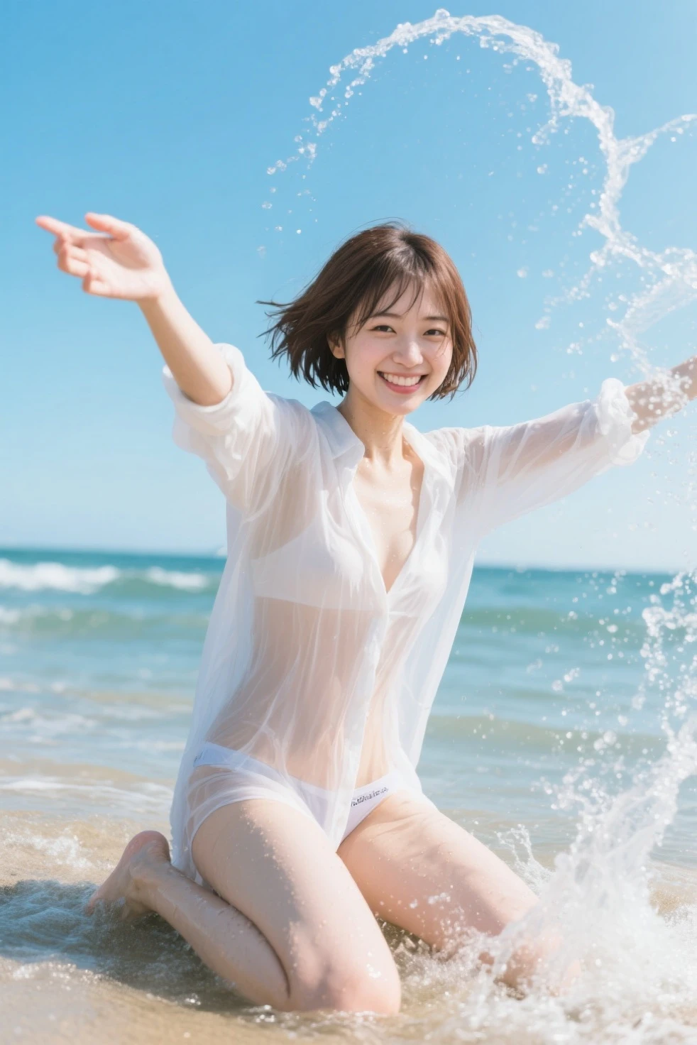 Masterpiece, Top Quality, Fine Definition, High Resolution, Spirit Color, One Girl, 14 Years Old Cute Woman, Wet Thin Fabric Swimsuit, (Super Big: 2.9), Face Up, (Head to Chest: 2.9), Wet and Sheer White Micro Bikini, White Micro Bikini Somed in Gel, Solo, Big Breasts, Very Cute Lips, Cleavage, Black Hair Blown by the Real Wind, Short Hair, Laughing Face, Navel, Sun, Side Tie bikini, sky, cloud, smile, black eyes, teeth, face closeup, translucent white bikini