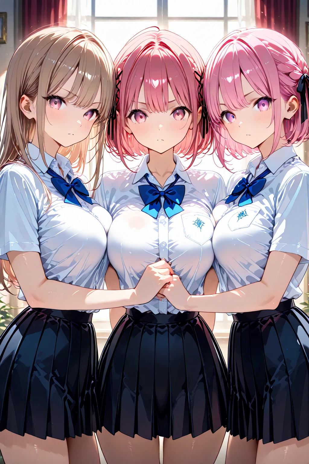 (Cute eyes:1.2), (Sparkling eyes:1.2),(Beautiful Eyes:1.2), Highest quality,wonderful,finely,Highly detailed CG Unity 8k wallpaper, (The three of them lined up and hugged:1.2),(Three people with different heights:1.3), (Three Girls, Sailor suit, Skinny body, Dressed), (Huge breasts), (Open your mouth:1.1),(Black knee socks:1.1),(Thighs:1.3),(Waistline:1.2),(Same outfit:1.2),(From behind:1.2),(Beautiful eyes:1.2),(Different hairstyle)