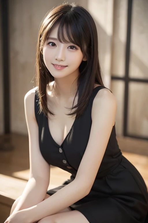 A beautiful Japanese shy girl, age 18 years old, brown hair tie up, brown big eyes, shiny lip, ecstatic expression, shiny hair, wearing tight strapless sleeveless solid black dress, belt on waist, posing in castle, wearing high heels, background is very blurry, wearing neckless, whole body photo,