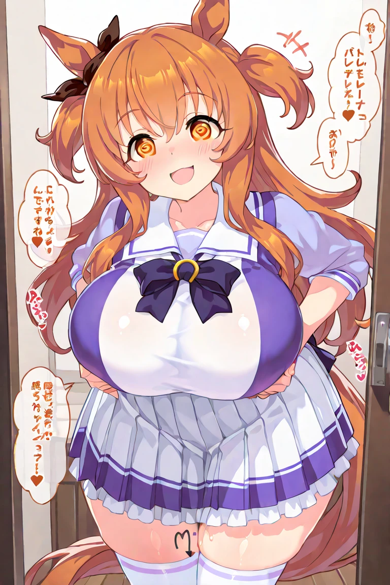 1 Cute naughty toddler Girl, large breasts, thick legs, (two side up, long hair, red hair), brown eyes, (?????:1.2, cleavage), (blush, ;d, yuruyuri), at the adventurer's guild, A bulletin board with posted paper