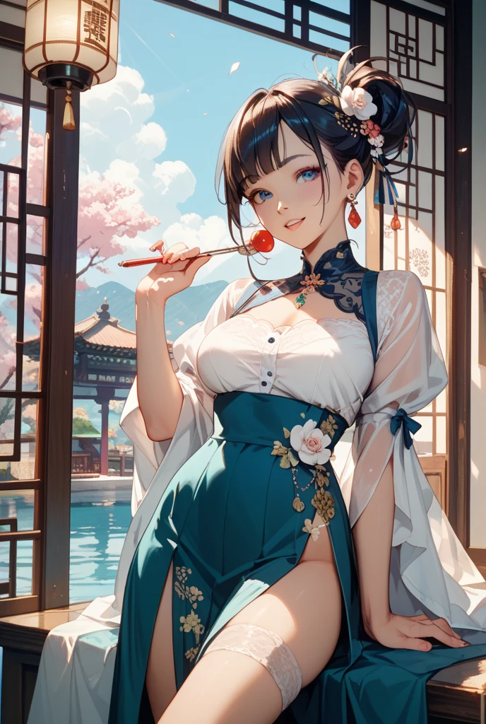 (masterpiece:1.2), (best quality:1.2), perfect eyes, perfect face, volumetric lighting, 1girl, mature female wearing edghanfu, edghanfu, long red hair, top knot, colorful clothes, smiling,  peaceful pose, green eyes, small breasts, floral pattern, fish pattern, silk, embroideries, long nails, makeup, thick eyelashes, rings, standing in a chinese garden, detailed background, midday  <lora:hanfusionDesign_v10:1>
