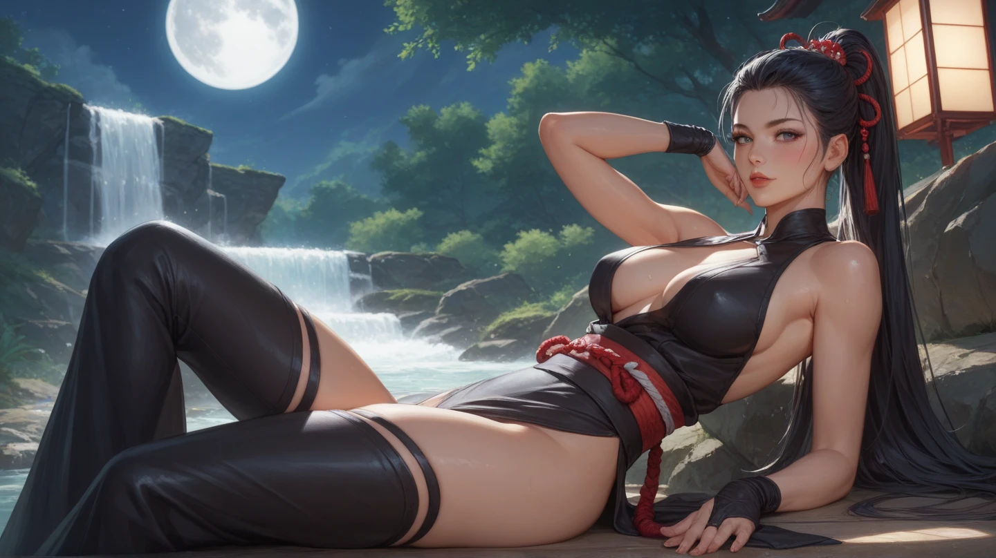 rich colors, high contrast, cinematic light, fantasy, highres, highest quallity, ultra detailed, best quality,(masterpiece:1.2), (best quality), (ultra detailed), (8k, 4k, intricate), high contrast,best quality masterpiece, photorealistic, detailed, 8k, HDR, 4k, 8k, ultra highres, raw photo in hdr, sharp focus, intricate texture, <lora:add_detail:0.8>, <lora:akali_v2-000038:0.6>, akali, eyeliner, makeup, revealing, nail polish, ((nude)), hair between eyes, hip vent, long hair, ponytail, solo, fingernails, gem, red eyes, Japanese buildings, lamp, ancient city, closed-up shot, night time, dark sky, upper body, sexy, on knees. evil smile, happy, lying on the ground, spreag legs, cum in mount, cum, cum in pussy