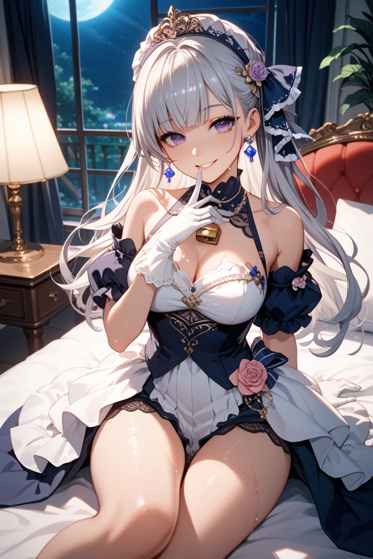 Perfect human body,1 girl,sliver long hair,Red rose hair ornament,鎖骨,Gorgeous lolita dresow knot,Lace gloves,semi transparent,(white stockings),((woman with fever)), ((perspiring,steamy))), Colossal tits,((The expression of color)), open open mouth,Stick out your tongue,(Blushlush:1.2), sitting in gift box,
