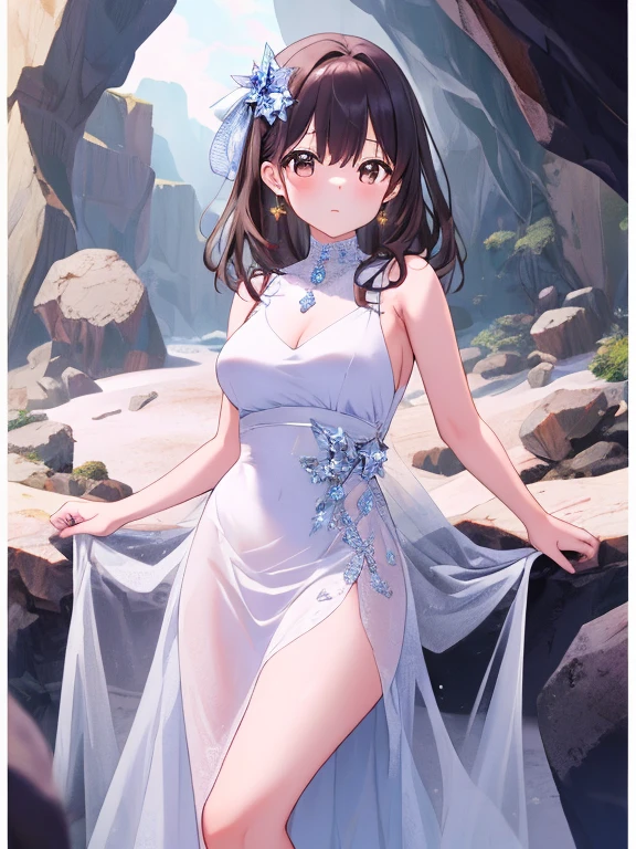 masterpiece, best quality, very aesthetic, absurdres, 1girl, ,pajamas,nightgown,babydoll,in the canyon,fog,dark,,floating_clothes,