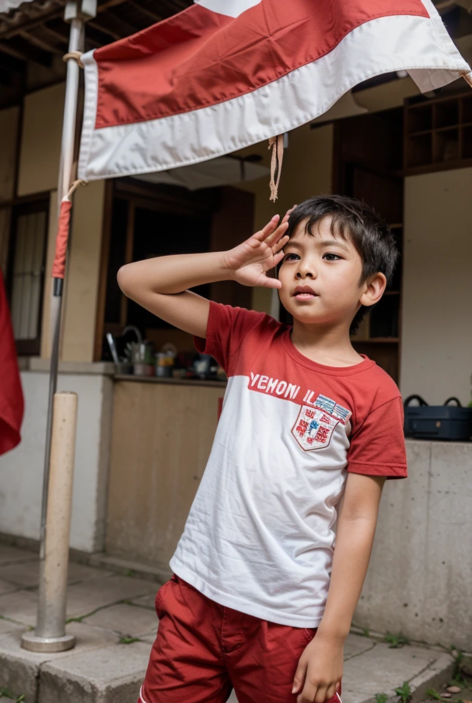 Create a vivid and heartwarming image of a young boy holding the Indonesian flag. The boy is around 7 years old, with short black hair and a bright, innocent smile on his face. He is wearing a traditional Indonesian outfit, complete with a batik shirt and comfortable, loose pants. The boy stands proudly, holding the red and white flag of Indonesia high above his head with both hands. The flag flutters gracefully in the wind, showcasing its vibrant colors.

The background should depict a serene and beautiful Indonesian landscape, with lush greenery, perhaps a glimpse of a rice field or a traditional village setting under a clear blue sky. The sunlight bathes the scene in a warm, golden glow, enhancing the feeling of national pride and joy. Capture the essence of Indonesian culture and the spirit of independence through this heartwarming and detailed portrayal.