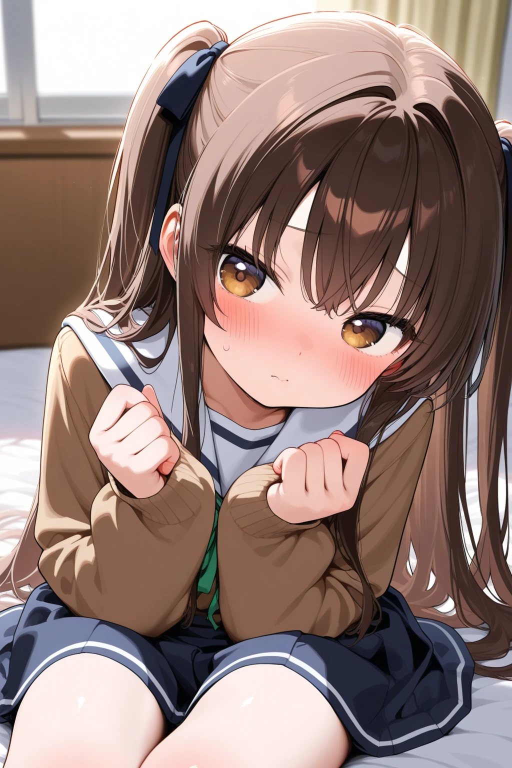 (masterpiece), (Highest quality), (Super detailed), ((Very delicate and beautiful)), One girl, 独奏, July, Cowboy Shot, Black Sailor Suit, White neckerchief, Crescent Pin, (very long hair), ponytail, smile, Flat Chest, belt, Black Skirt, chestnut mouth, Sitting, on bed, spoken question mark, indoors, Detailed iris, young, (panties), (bra), (In underwear), (Flashy underwear), (lingerie), (Skirt Lift) ,((nsfw))