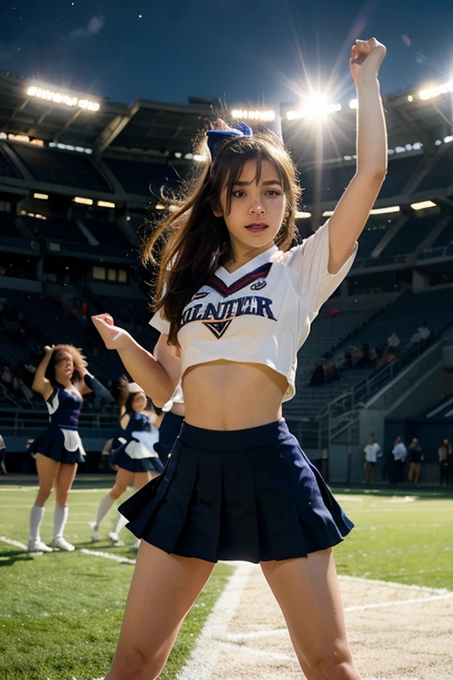 Generate an image that captures teenage Autumn in her high school cheerleading days, brimming with youthful energy and enthusiasm. She should appear as a spirited cheerleader, radiating the essence of her teenage years. Autumn, in her teens, stands at approximately 5'4" with a fit and agile figure, epitomizing the athletic grace of a cheerleader. Her chestnut hair, worn in a classic cheerleader ponytail, bounces with each spirited movement.Autumn is dressed in her high school cheerleading uniform, showcasing the school's colors and emblem. The uniform should include a pleated skirt, a fitted top, and white sneakers, all in the school's signature colors. Autumn's pom-poms should be in hand, with her arms poised mid-cheer as she showcases her remarkable cheerleading skills.The backdrop should capture the ambiance of a high school sports event, featuring a football field or basketball court. The setting should be bustling with energy, with cheering crowds and fellow cheerleaders adding to the atmosphere.Autumn's expression should exude youthful enthusiasm and confidence as she delivers a captivating cheer routine. The photography should embrace dynamic angles and vibrant colors, capturing the essence of her high school cheerleading days with a touch of nostalgia. Employ photorealistic techniques to recreate the energetic spirit of teenage Autumn in her cheerleading glory.