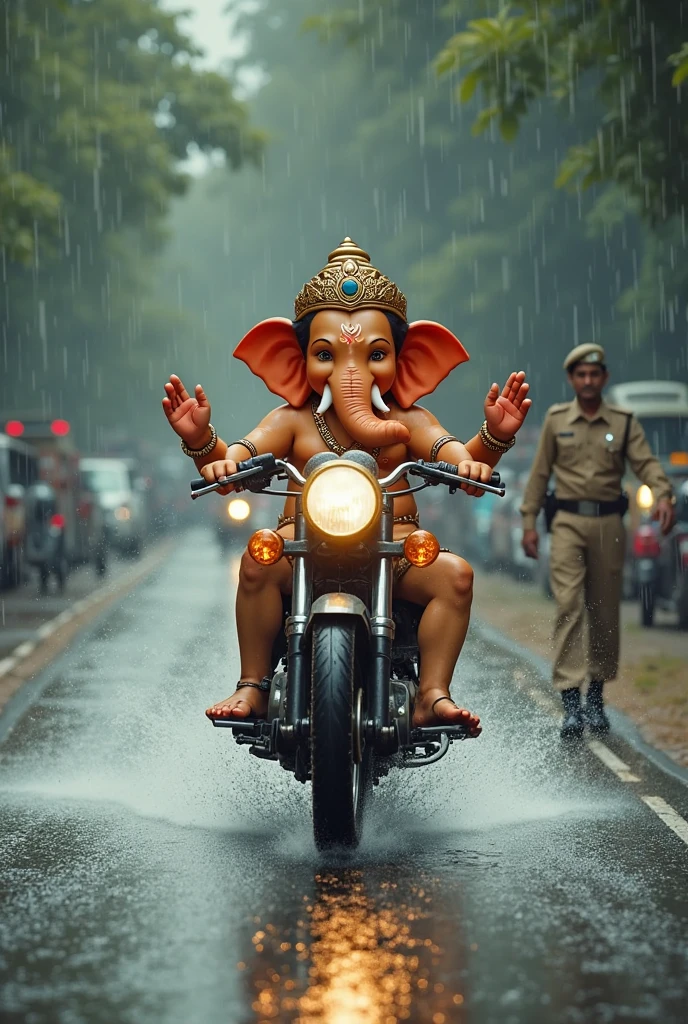 Little ganesha waking on Harley Davidson with umbrella in rainy season in market.