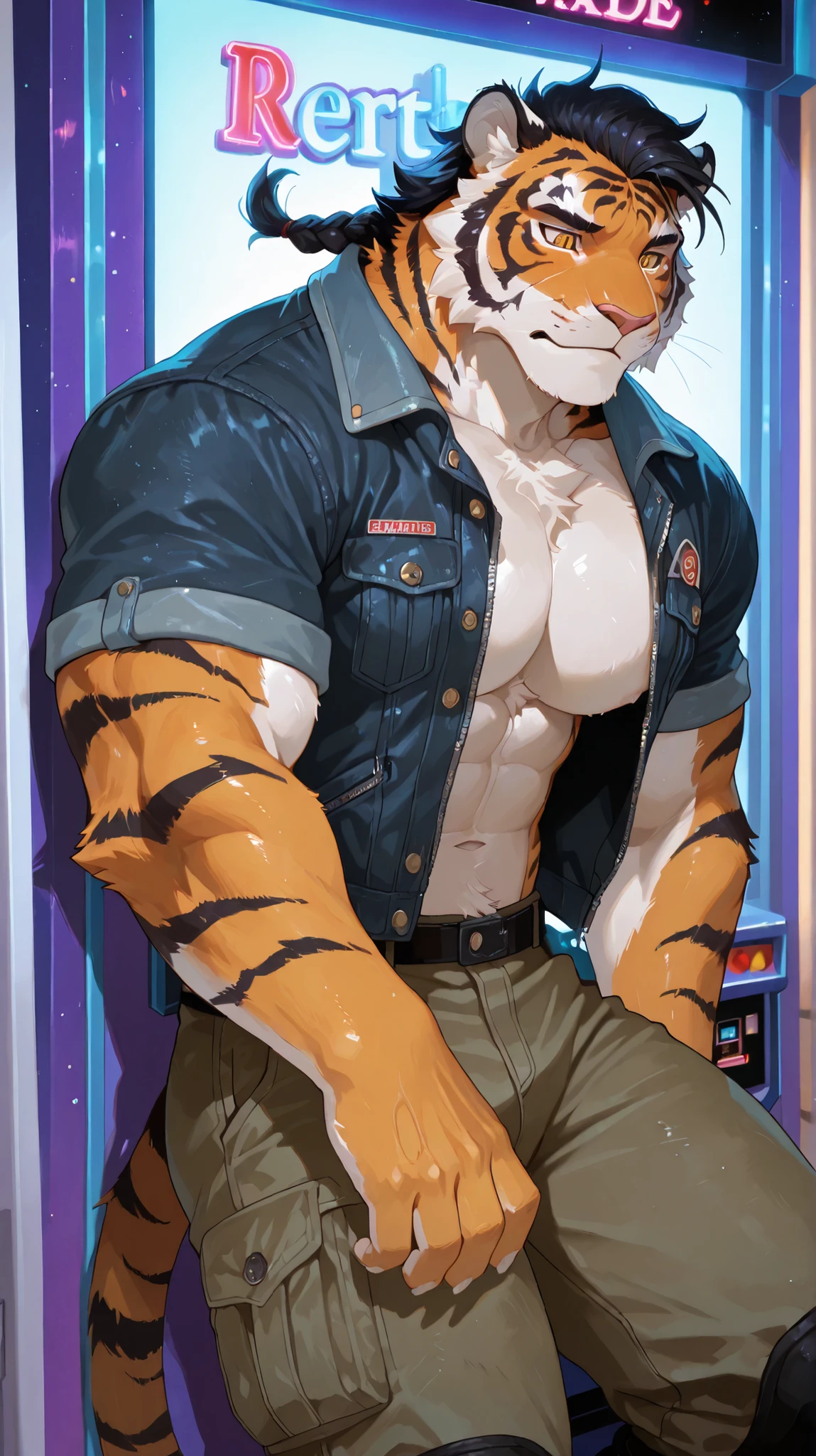 (muscular male tiger furry:1.3), orange fur with sharp black stripes, prominent white chest fur, angular feline face, piercing amber eyes with vertical slit pupils, messy black hair tied back in a braid with a single prominent ahoge sticking up, wearing a tattered dark indigo denim jacket left unzipped revealing white chest fur, rugged khaki cargo pants tucked into sturdy black combat boots, (leaning back against the wall of a dimly lit vintage arcade corner:1.2), looking down at his own clawed paw with a slightly confused expression, amber eyes narrowed in thought, paw slightly open as if testing its reality, background features neon signs and retro arcade machines blurred with bokeh, masterpiece, best quality, 8K resolution, HDR, 4K resolution, sharp focus, vibrant colors, anime cel-shading style: Semi-realistic anime with detailed furry features, solo, no other characters