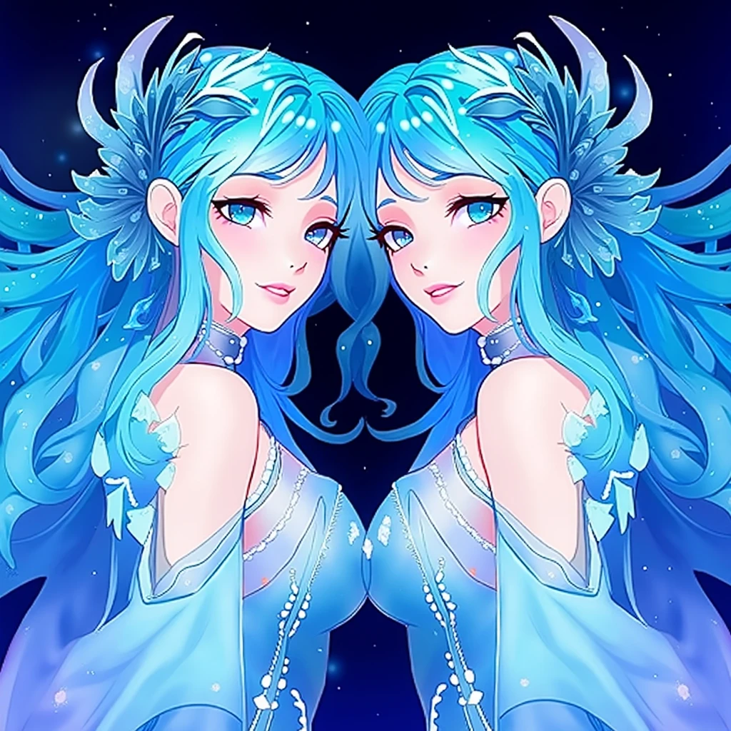 1girl, bangs, bare_arms, bare_shoulders, bare_tree, blue_dress, blue_eyes, blue_hair, branch, breasts, bun_cover, cleavage, closed_mouth, collarbone, coral, dated, dress, eyebrows_visible_through_hair, gloves, hair_between_eyes, hands_up, hat, jellyfish, long_hair, looking_at_viewer, medium_breasts, moon, outdoors, ribbon, signature, sleeveless, snowflakes, solo, star_\(sky\), strapless, strapless_dress, tree, water, white_dress, white_gloves
<lora:style_ATDAN:-0.5>