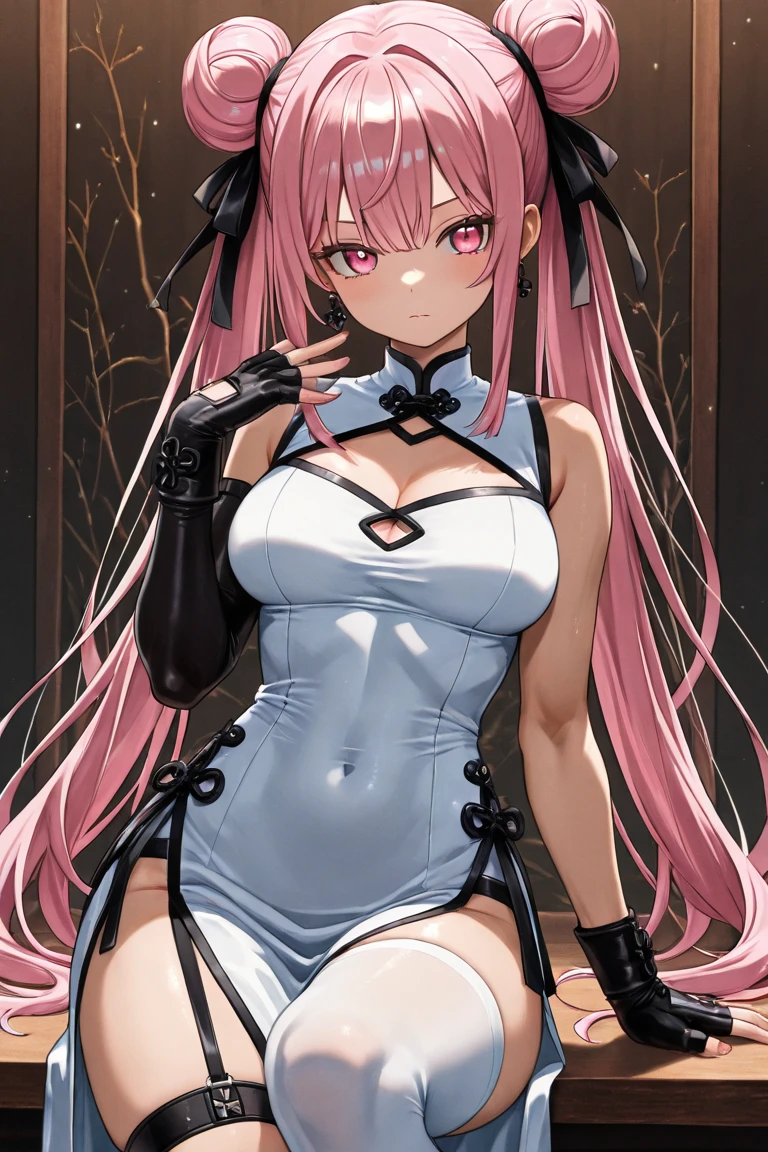 Lori huge breasts cleavage，Pink hair，dual horsetail，Lolita prostitute，blacksilk，sniper gun，masks