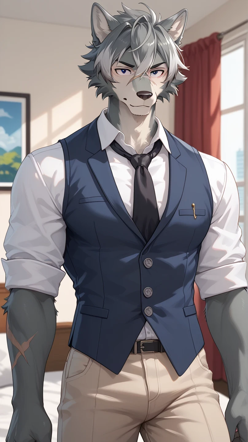 A anthro wolf male with black and gray fur with black eyes and muscular with three scars above his right eye and a few other scars on his chest and back with Long black hair with grey highlights. Wearing a high school uniform with a gray shirt and a navy blue vest with tan pants And a black tie standing in an apartment next to a bed