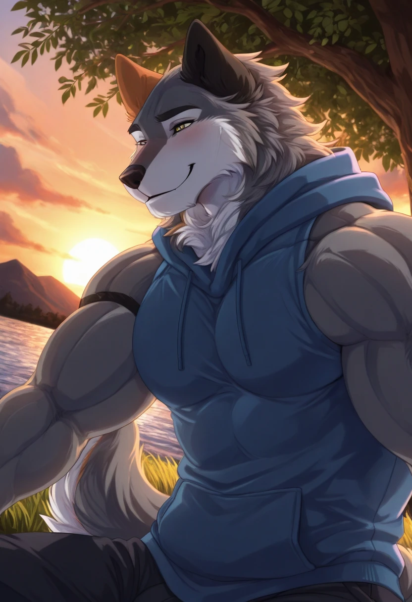 ((Best quality, masterpiece, detailed anatomy, detailed eyes, detailed hands, perfect lighting, perfect shading.)), by Buta99, by SpiritD, 1male, Wolf, brown furs, tight body, dark brown eyes, skinny body, young body, blue hoodie crop top, black jogger, black boots, smile, show sharp teeth, on the lake