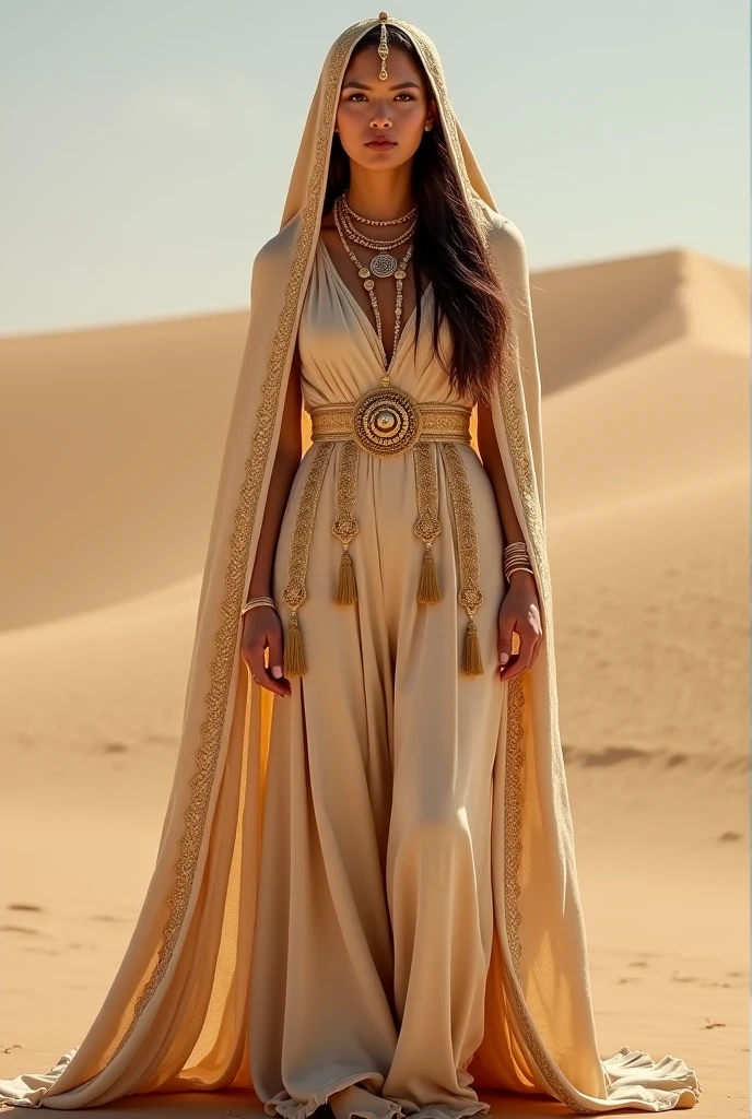 Desert princess, white dress, Arabic, full body, cinematographic photo, cinemascope, best quality, masterpiece, very aesthetic, perfect composition, intricate details, ultra-detailed, vivid colors