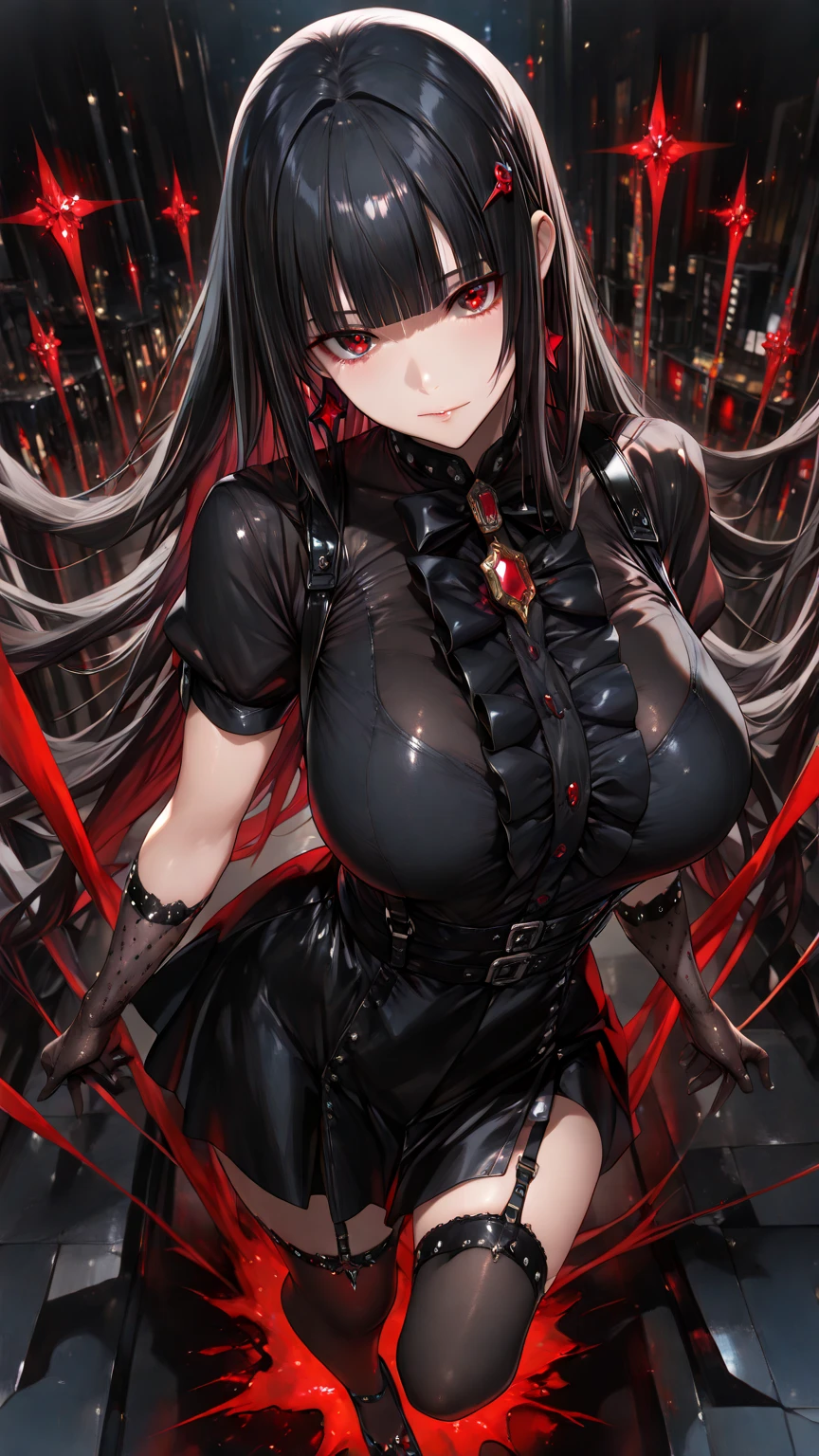 girl with black long hair and crimson eyes wearing casual revealing clothes which are erotic for looks