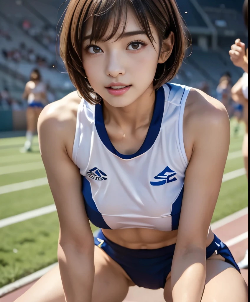 ((beatiful japanse girl:1.3)) ((wearing Track and Field Uniforms:1.4)) ((track-and-field arena:1.3)) ,((wet body:1.4))  ((thin_fabric:1.4))  ((large breasts:1.2)) ((close-up:1.2)) best quality,masterpiece,ultra high res,(photorealistic:1.4),raw photo,(Authentic skin texture:1.3),(film grain:1.3),panorama,character portrait,very wide shot,narrow waist,cowboy shot,(in the dark, deep shadow, low key, cold light,) night,(()),streaming tears,,dust,Tyndall effect,(expression),1girl,beautiful detailed eyes and face,white jabot,brown eyes,((brown hair:1.2)) ((full body:1.3)) ((smile:1.4)) ((flat stomach:1.3)) ((sitting:1.3)) ((bob cut:1.2))