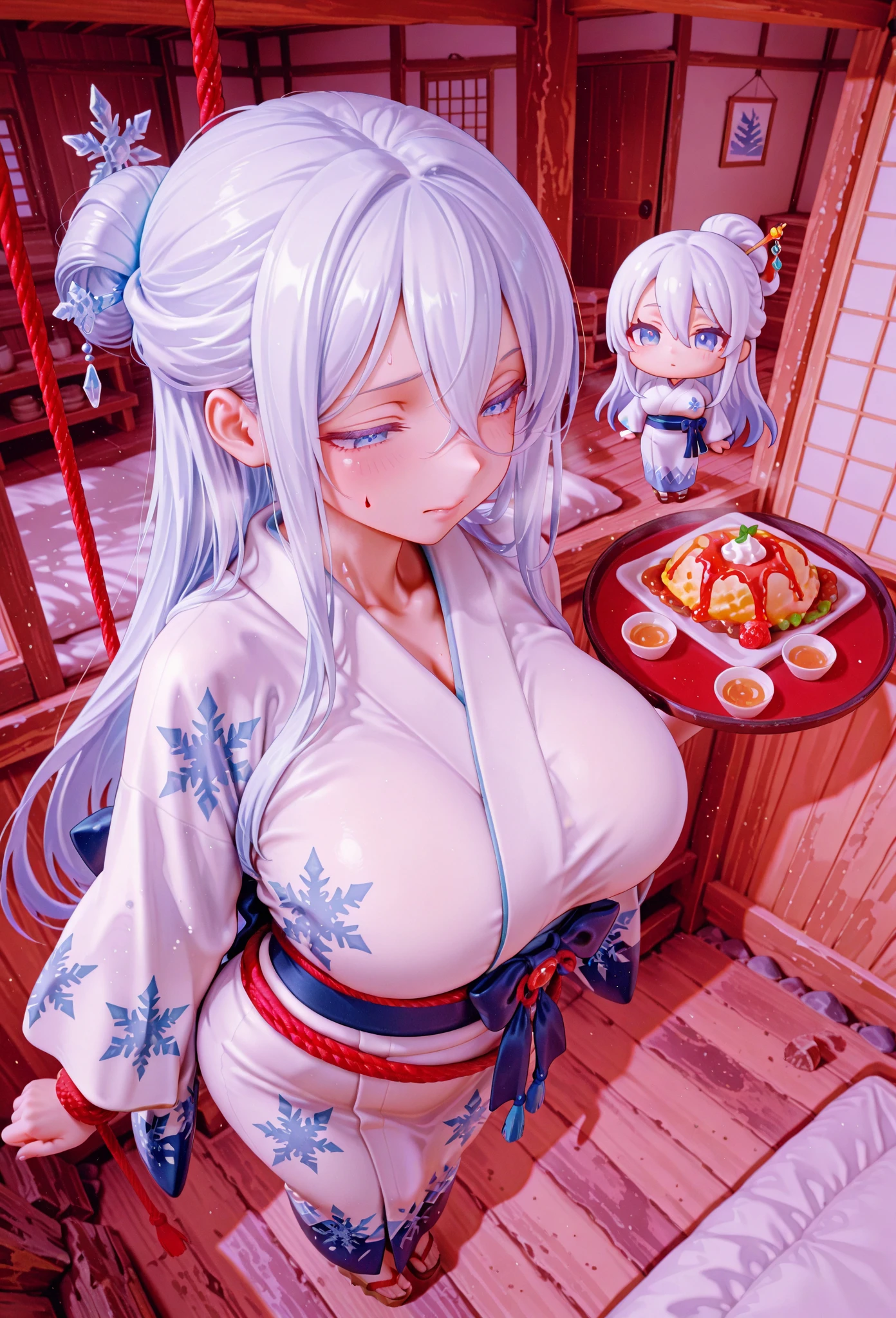 (((masterpiece, best quality))), (((superior quality))), cute girl, ((extremely detailed girl)), ((huge breasts)), yukata, bare shoulders, strapless top, long silver hair, happy